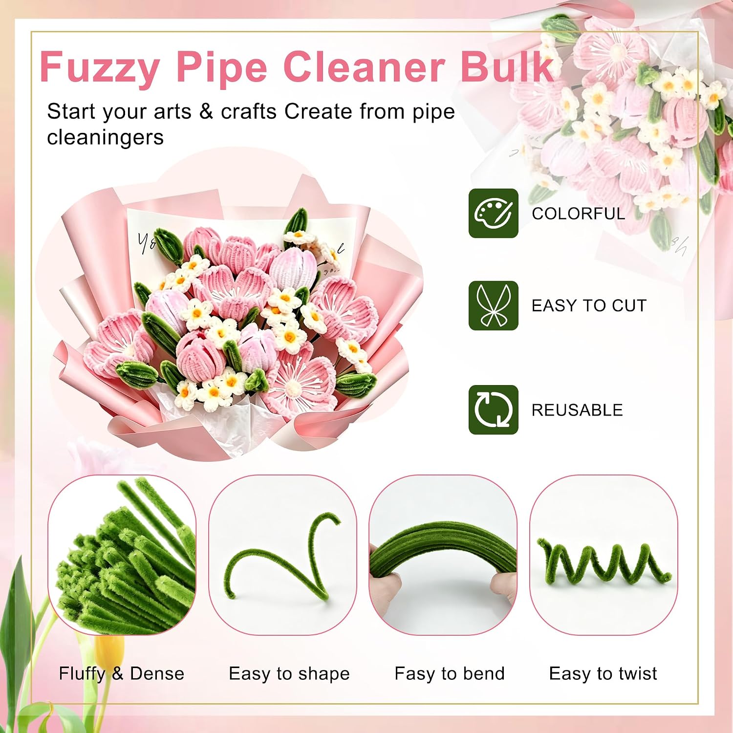 DIARYES 900PCS Pipe Cleaner Flower Kit Bulk 13 Colors Chenille Stems