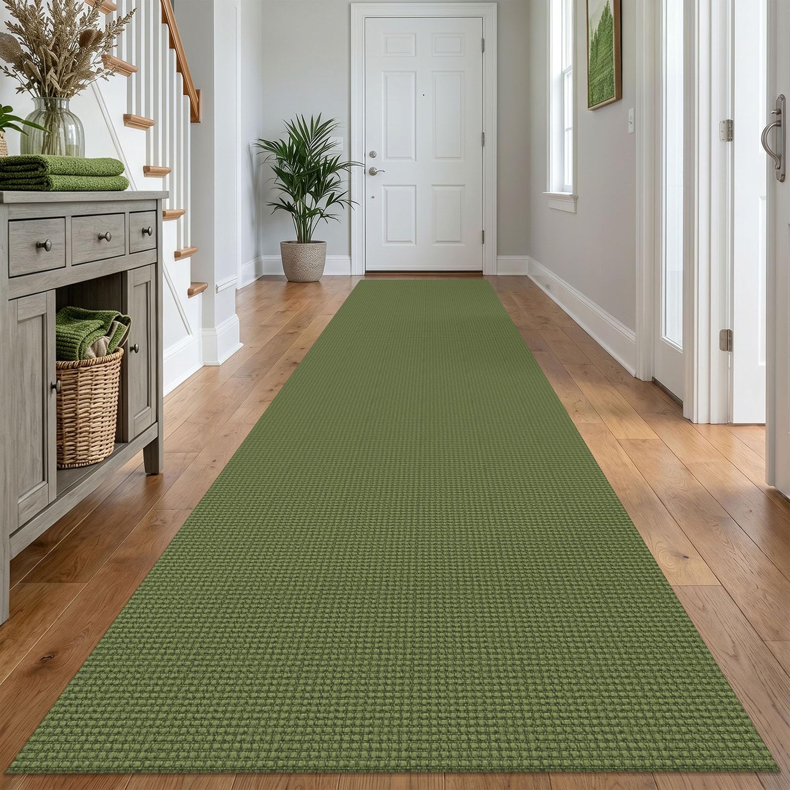 IOHOUZE Washable Exrea Long Hallway Runner Rug 3x14 Non Slip Rubber Backed Kitchen Runner Entryway Runner Indoor, Woven Rugs Floor Carpet for Kitchen Hall Entryway, Olive Green/Earthy Green