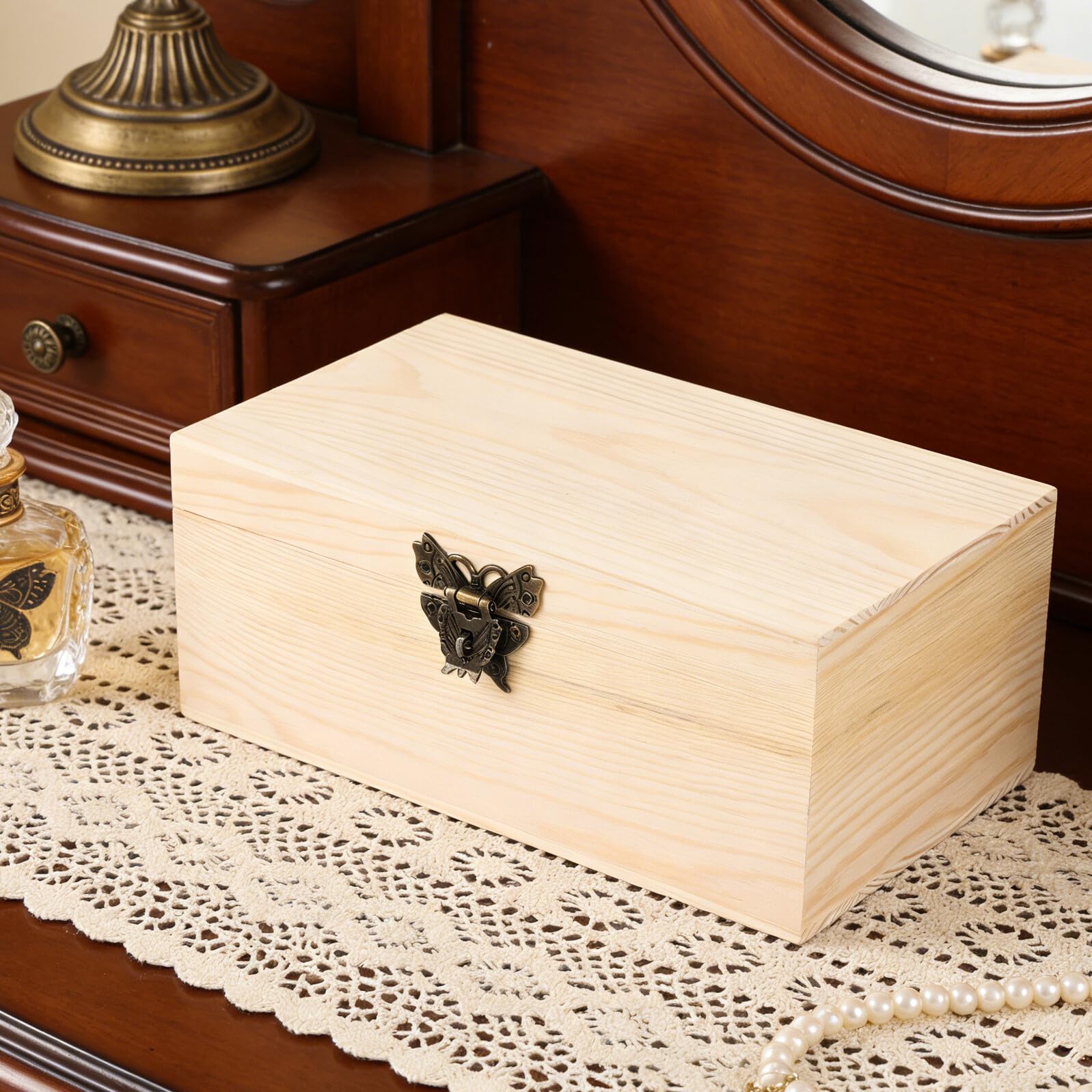 Scatola in Legno Rustica Cassettiera Multipurpose con Coperchio Incernierato e Chiusura per Soggiorni e Oggetti Decorativi