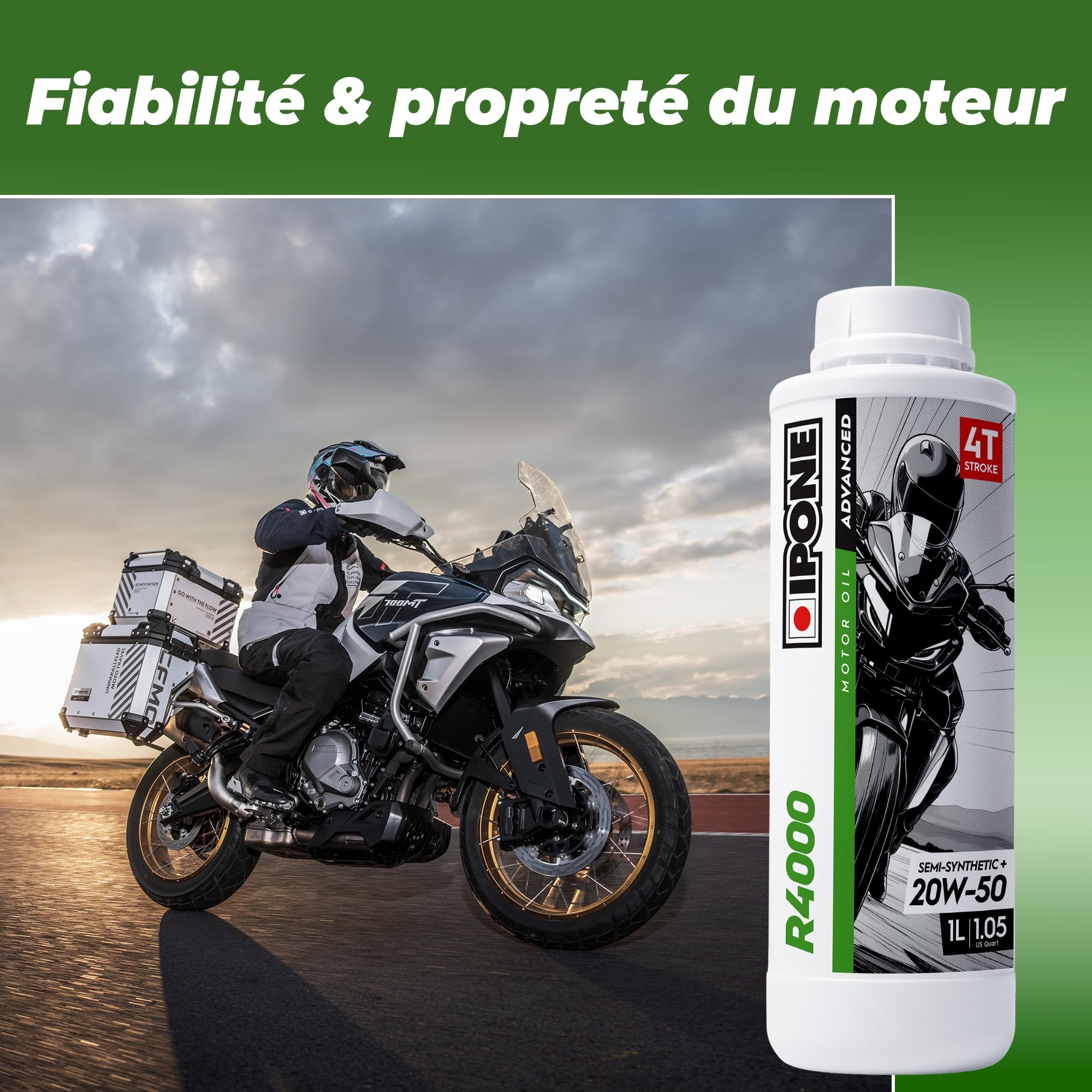 IPONE – Huile Moteur Moto 4 Temps 20W50 R4000 – Bidon 4 Litres - Semi-Synthétique+ - Gamme Advanced - Protection durable du moteur - Durée de vie de l'huile prolongée - Propreté du moteur garantie