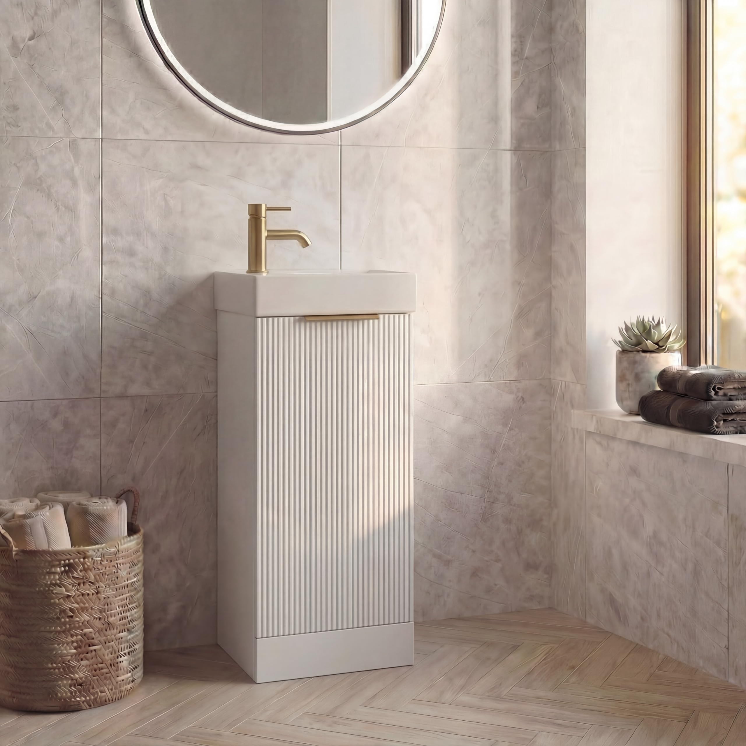 BAYSTONE® Fluted 400mm Bathroom Vanity Unit Ceramic Basin Sink, Cloakroom Storage Furniture Cabinet Floorstanding Cupboard Soft Close, Brushed Brass Handle, White