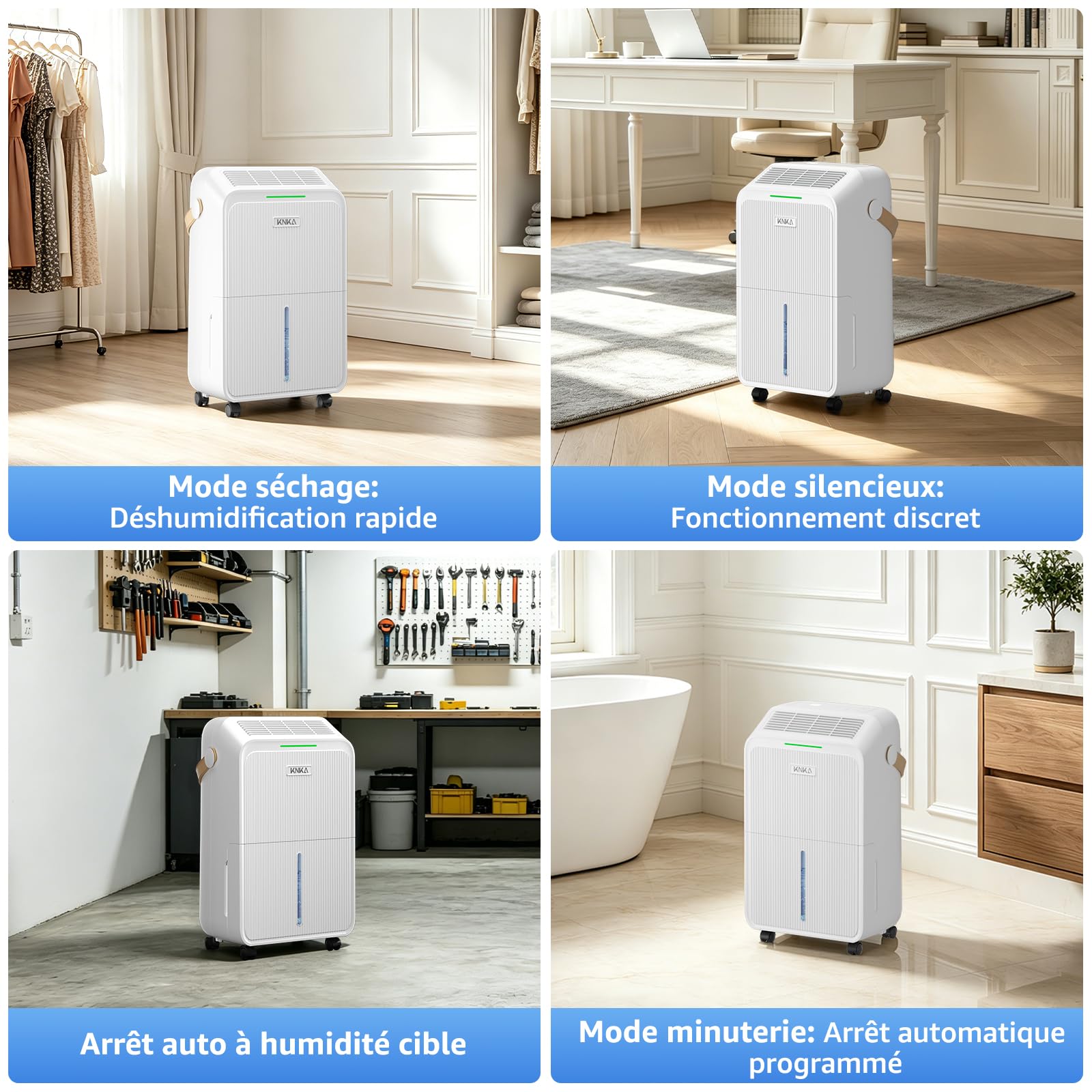 Deshumidificateur d Air, 16L/J, Déshumidificateur Electrique, 80m³ (32㎡), Silencieux, 4 Modes, Consommation Réduite de 40%, Protection Anti-Débordement, Pour Appartement, Cave, Salon