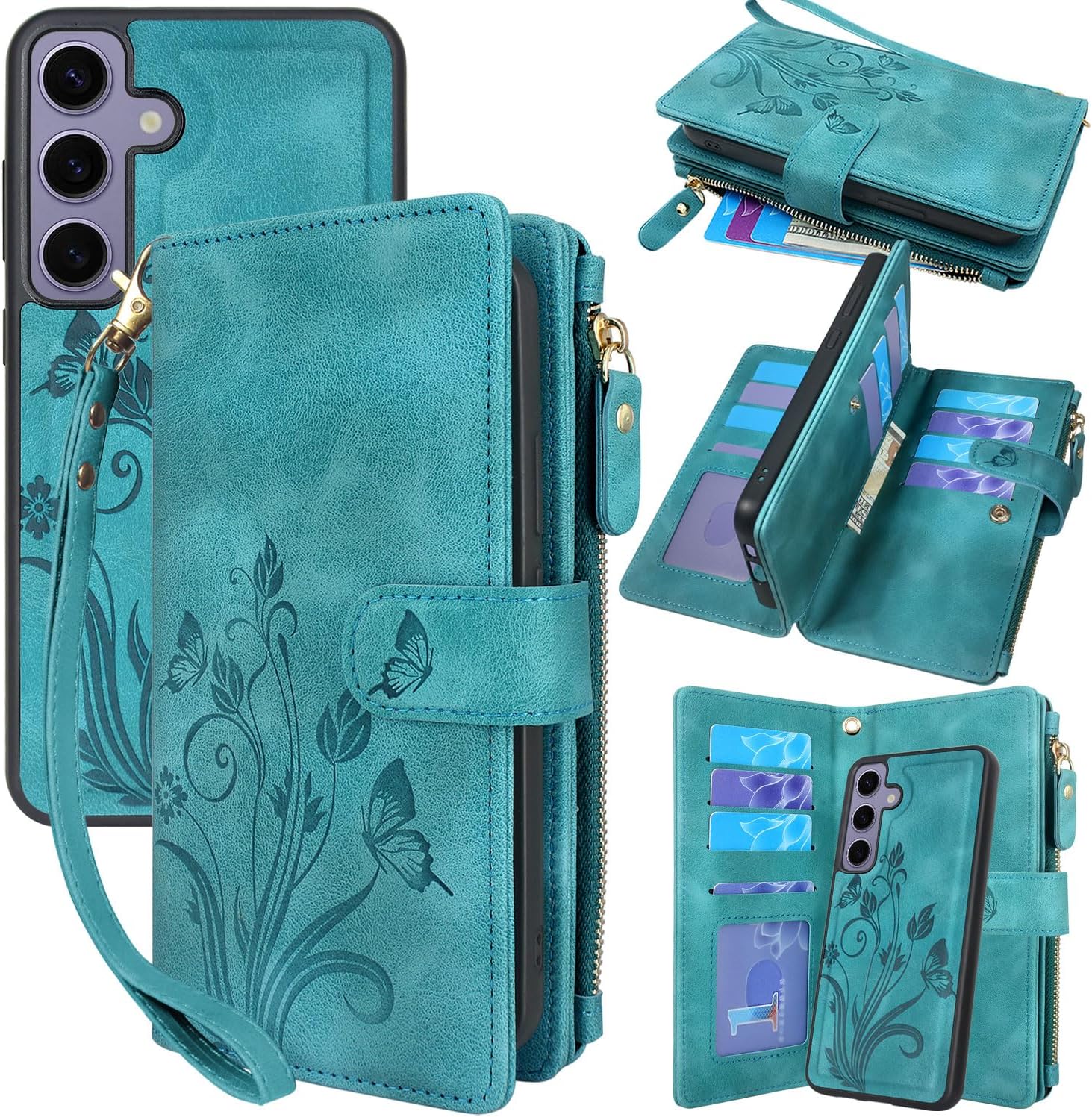 Lacass Case Wallet for Samsung Galaxy S24 6.2 inch 2024, [12 Card Slots] ID Credit Cash Holder Zipper Pocket Detachable Leather Wallet Cover with Wrist Strap Lanyard（Floral Blue Green）
