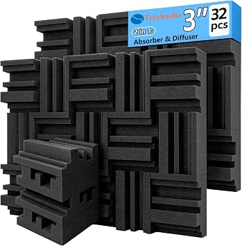 TroyStudio Thickened 12 X 12 X 3 Inch Acoustic Foam Panels in Diffusion Pattern, 32 Pcs High Density Sound Absorbing Foam Diffuser, Soundproof 3D Wall Padding Tiles for Recording Studio Home Office