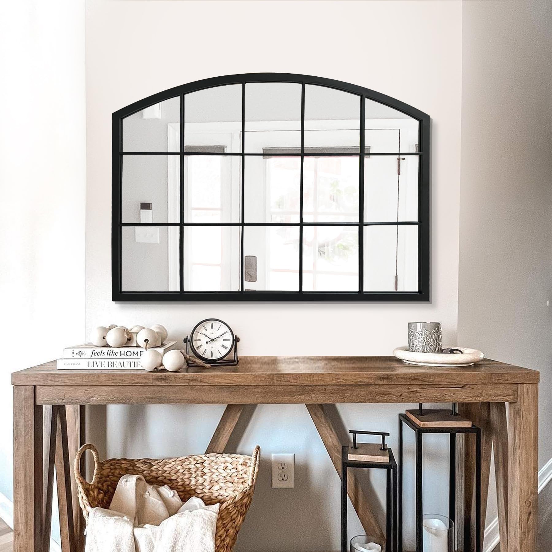 Wide Window Pane Black Mirror,Farmhouse Arched Wall Mirror,Mantel Mirror for Fireplace/Entryway/Hallway/Living Room,33“X24”