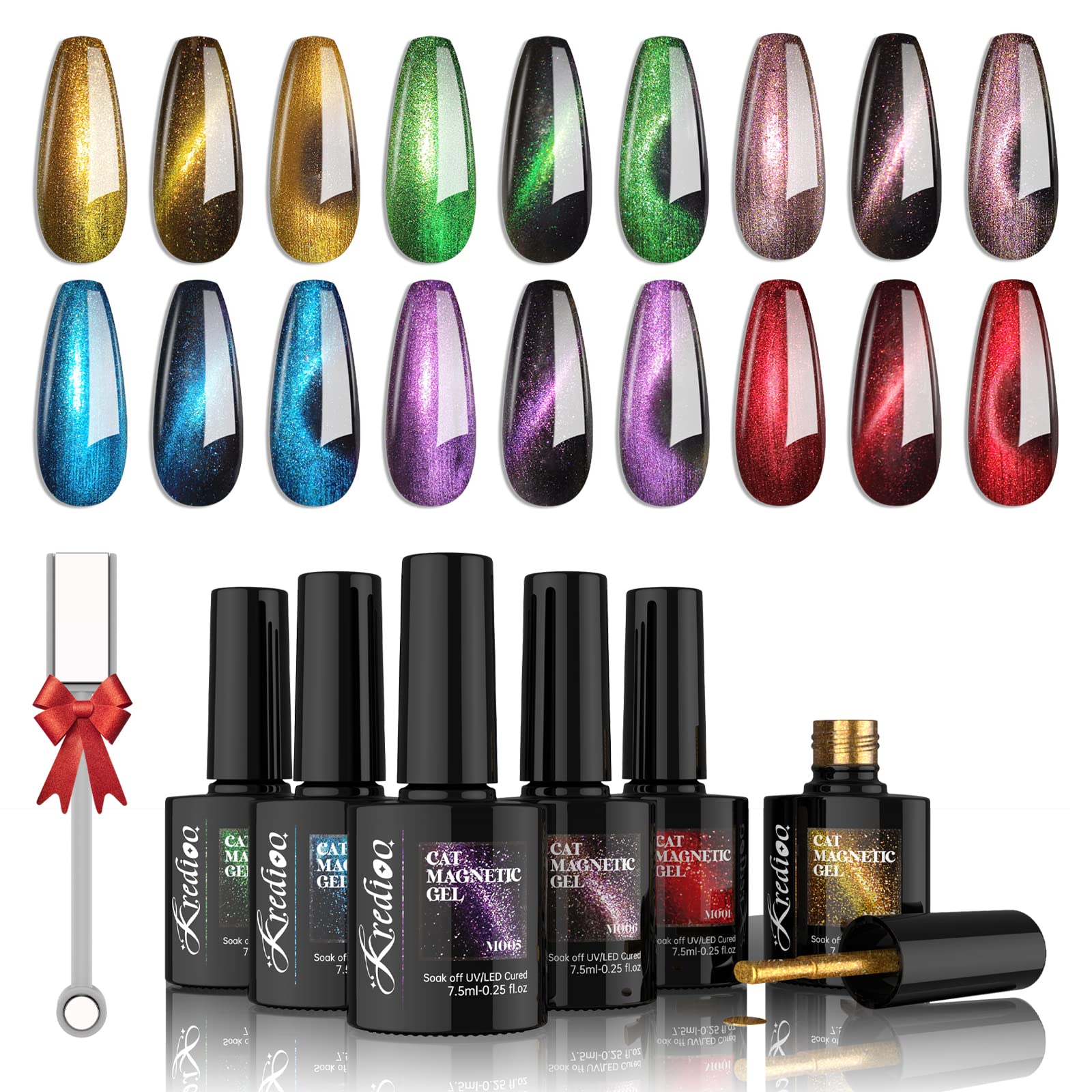Kredioo Cat Eye Gel Nail Polish Set, 6 Colors Gold Red Blue Green