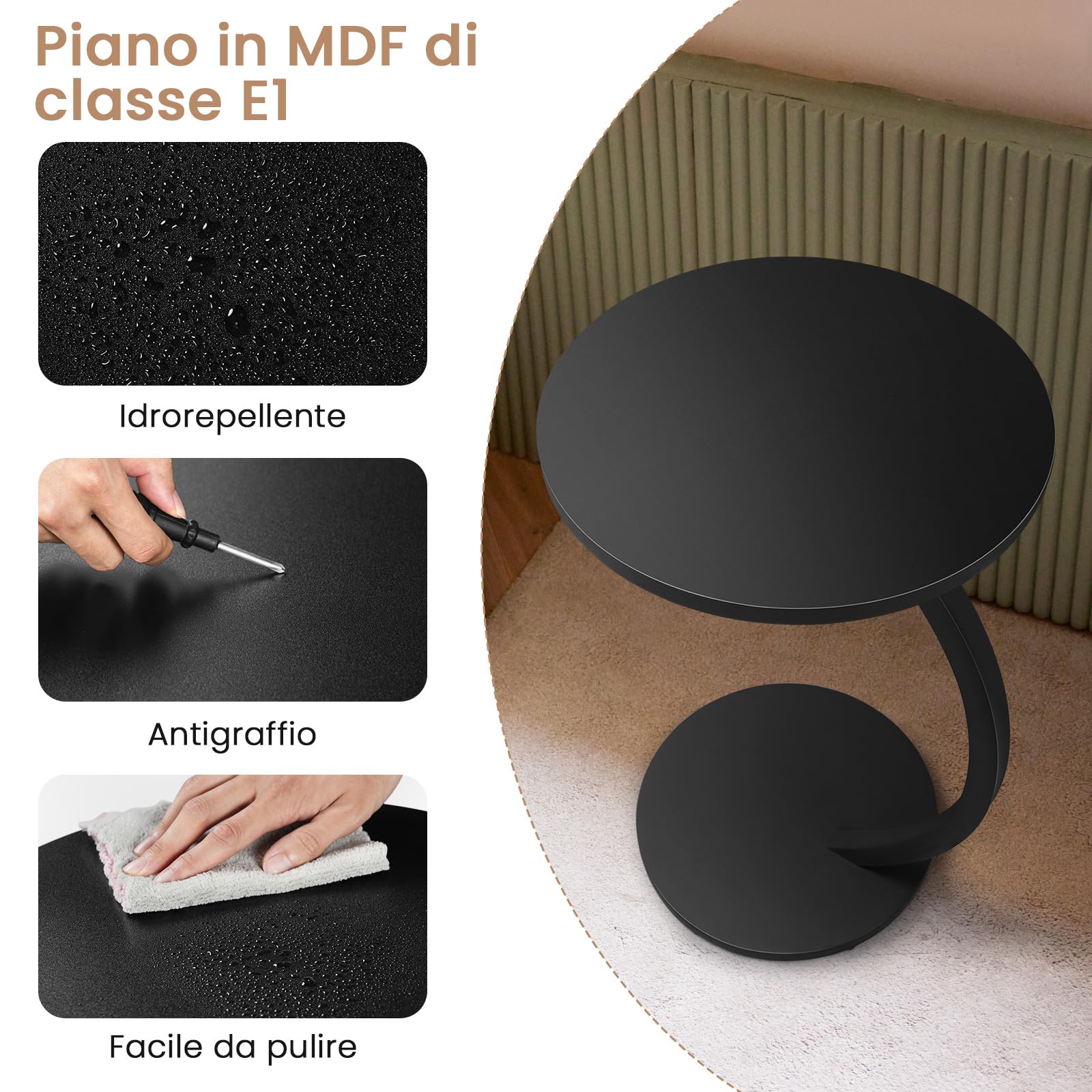 WOLTU Tavolino Rotondo a Forma di C, Tavolino per Divano Letto, con Struttura in Metallo Piano in MDF, φ40xH65 cm, Nero, BTS21sz