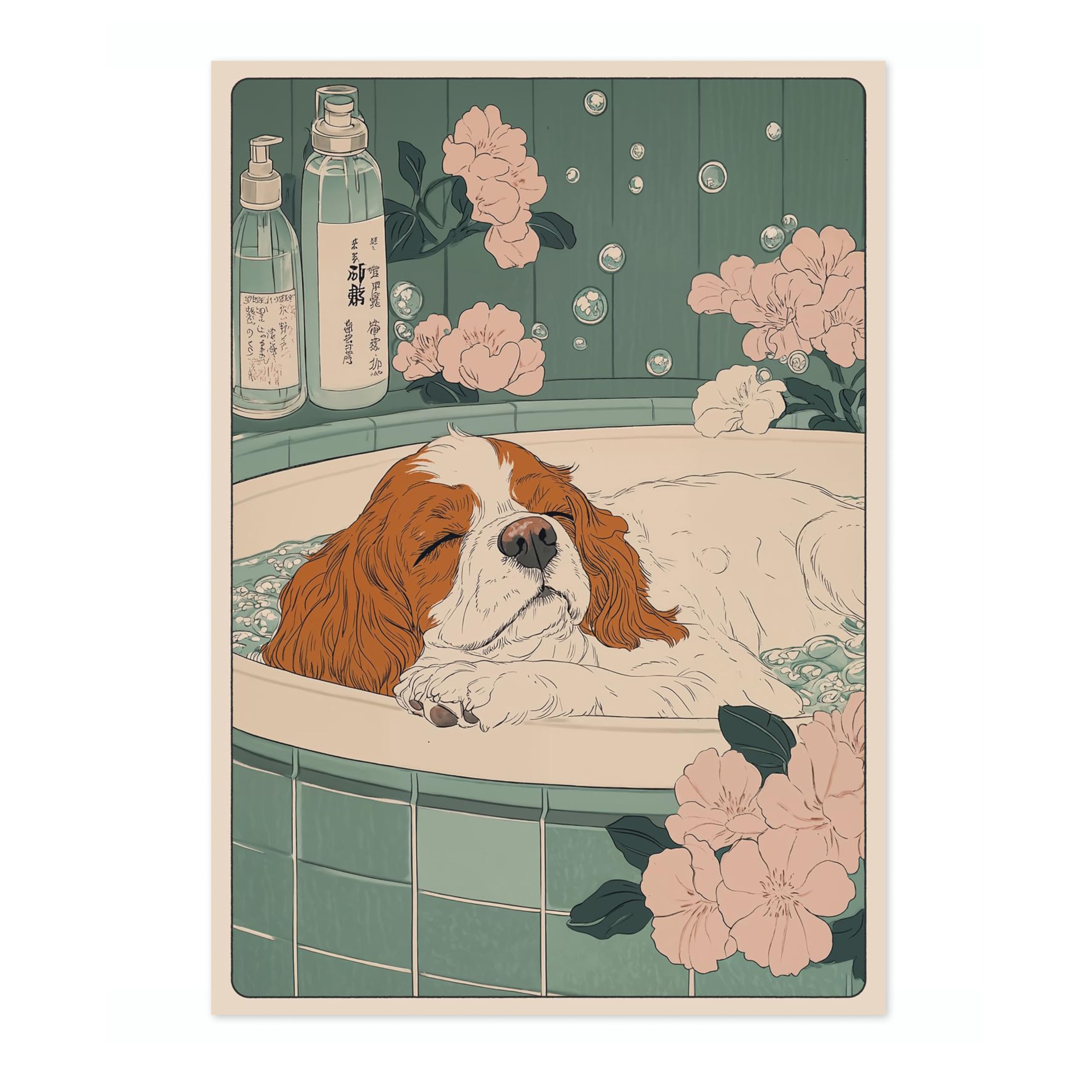 King Charles Spaniel Bathtime Anime Animal Poster, Funny Bathroom Wall Art Print, Manga, Bathroom Wall Art, Toilet Decor, A4 (Print Only) - 29.7x21cm — image 1