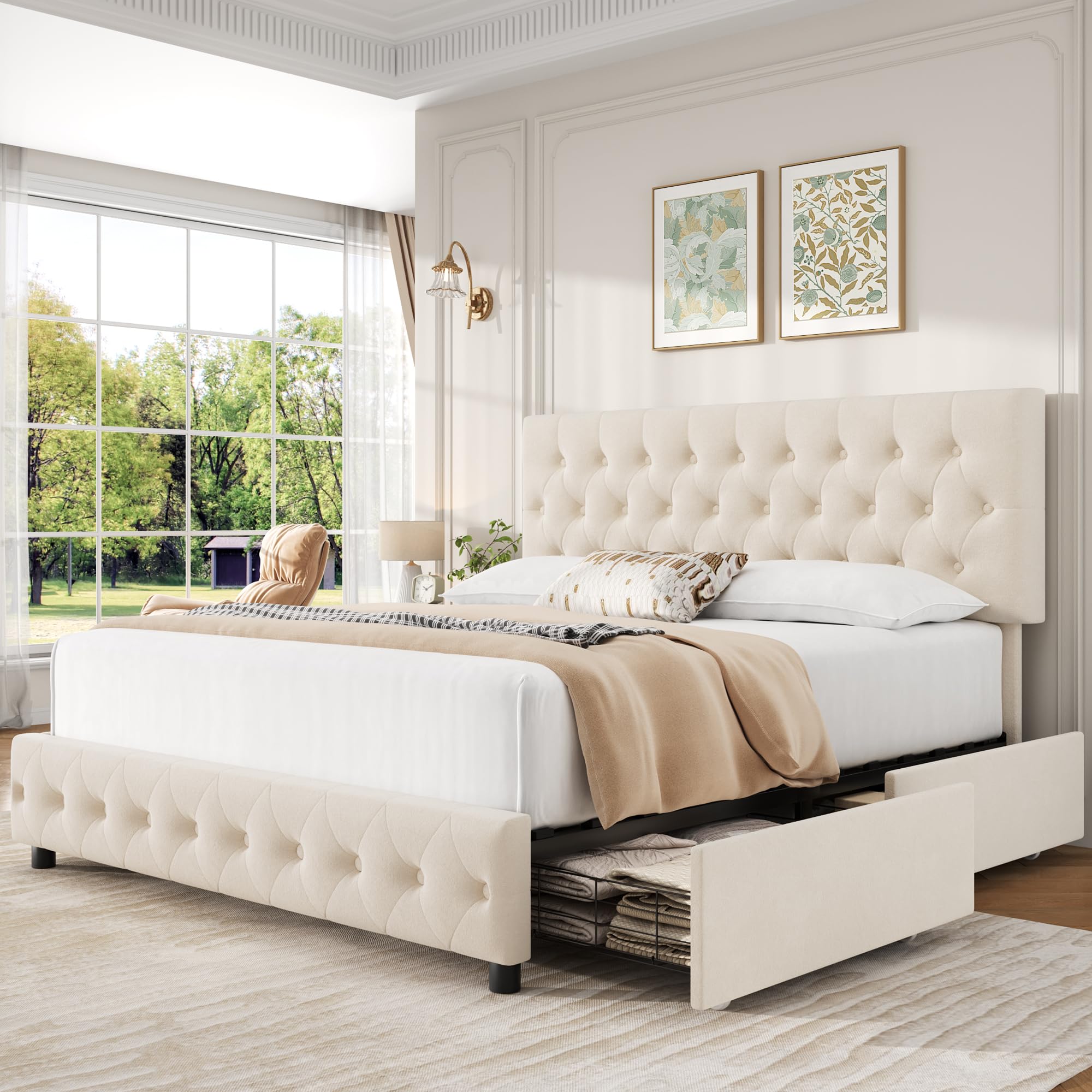 Keyluv Modern Upholstered Bed Frame with 4 Storage Drawers, Button Tufted Headboard Design, Solid Wooden Slat Support, Easy Assembly, Soft Velvet,