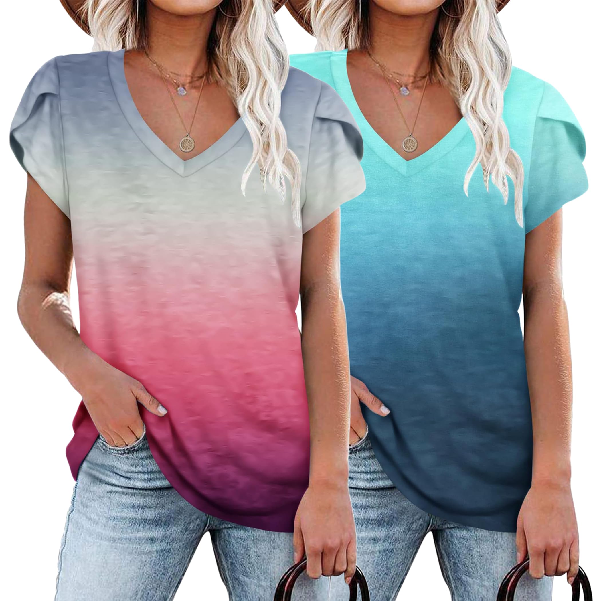 PLOKNRD Sommer Damen T-Shirt V-Ausschnitt Blütenblatt Kurzarm Strand Tops | Freizeit Leicht Sport Oberteile Sommershirt Top Bluse Boho Klassisch Yoga Urlaub Party Locker Elegant Büro Alltag