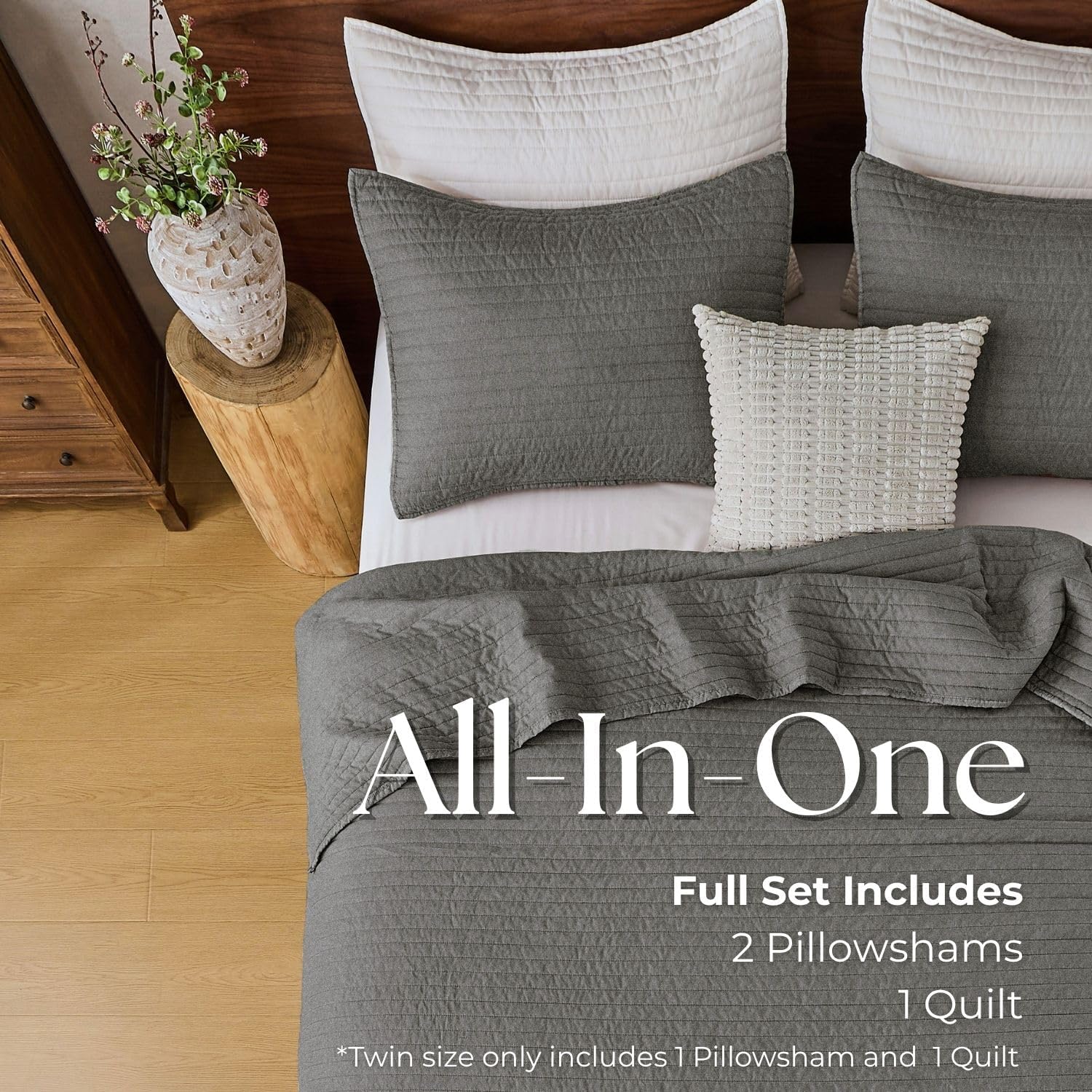 DOWN HOME Queen Quilt Bedding Set with Shams, Vintage Washed Soft Quilted Blanket Thin Comforter Lightweight Bedspread Coverlet Bed Cover, Brushed Microfiber Stripe Stitching, Ash Gray, 86"x90"