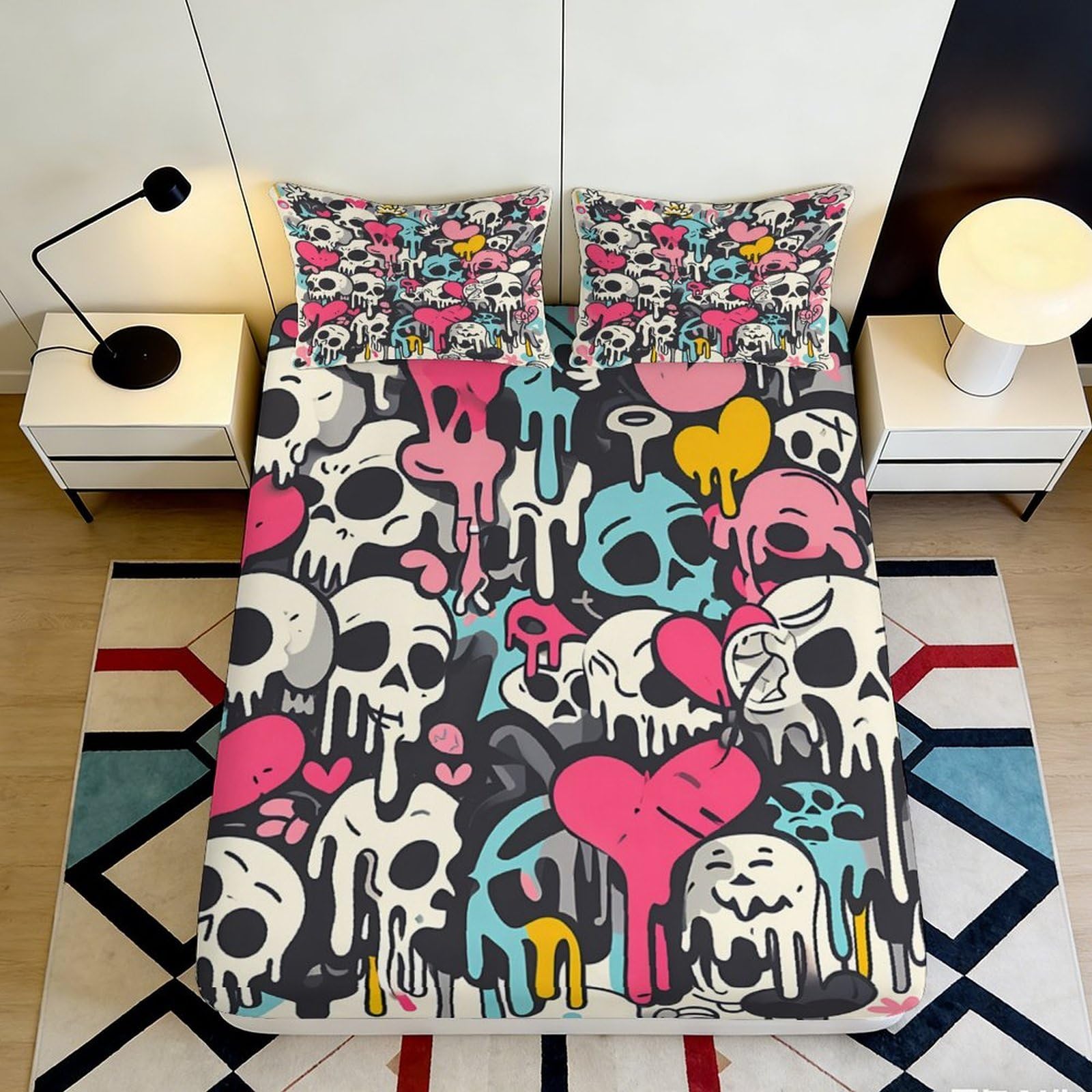 3D Printed Graffiti Skull Fitted Sheet Microfiber Dripping Heart Bed Cover for Bedroom Dorm Mattress Protection Decor 90x200x25cm