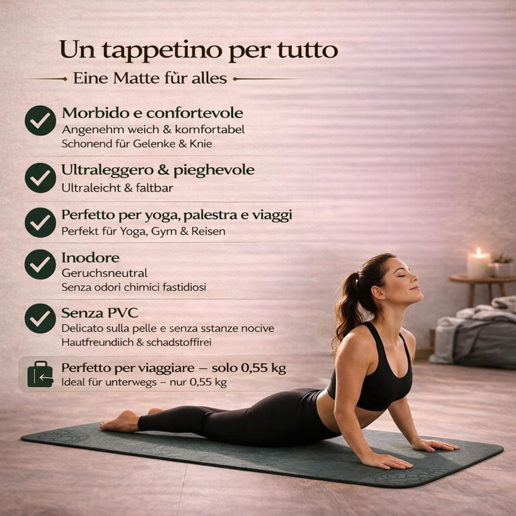 Esterilla de yoga antideslizante plegable de TPE reciclable – Esterilla de yoga de viaje – Esterilla Yoga Pilates Fitness Gimnasio – 183 x 61 cm