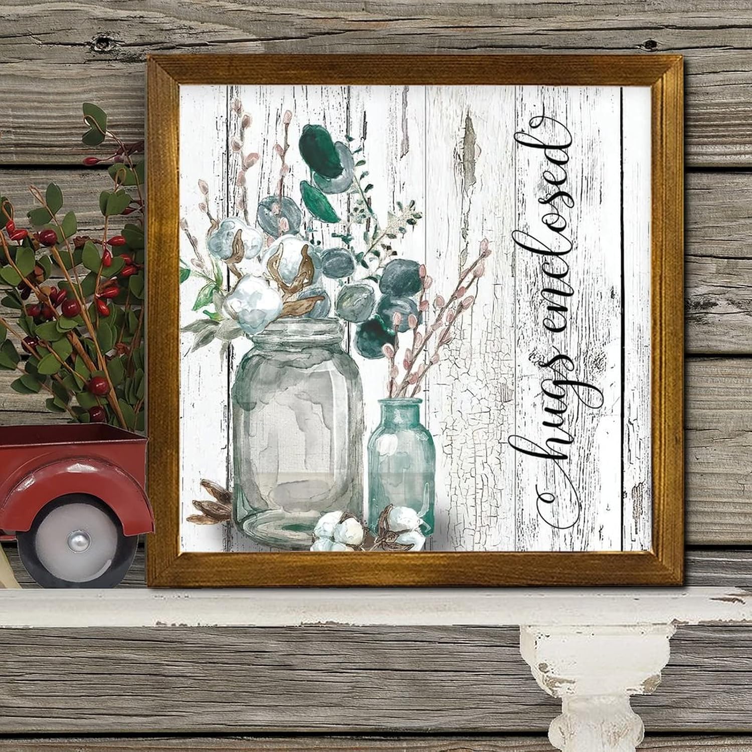 Hugs Enclosed Framed Wood Signs Spring Kapok Flower in Vase Porch Sign Vintage Garden Floral Home Wall Decoration for Home Front Door Entryway Porch 12x12 inch