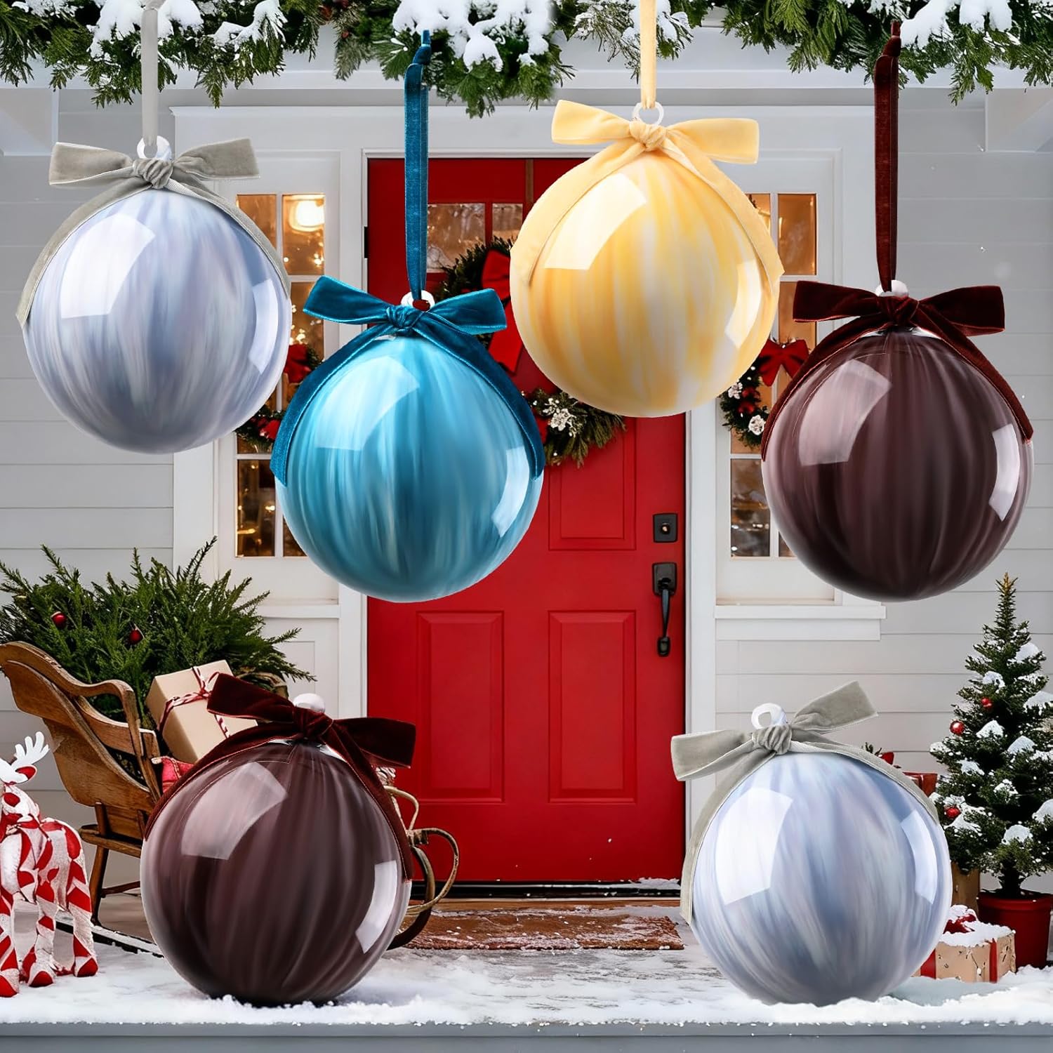 Lanpn 4 Pcs 6" Outdoor Christmas Glass Ball Ornaments, Large Xmas Tree Balls with Bow, Giant Christmas Decorations for Candyland Outside Lawn Yard, Hand Blown Glass Marbled Ornament, Macaron Color Brown-yellow-blue-white 6"/4 pcs