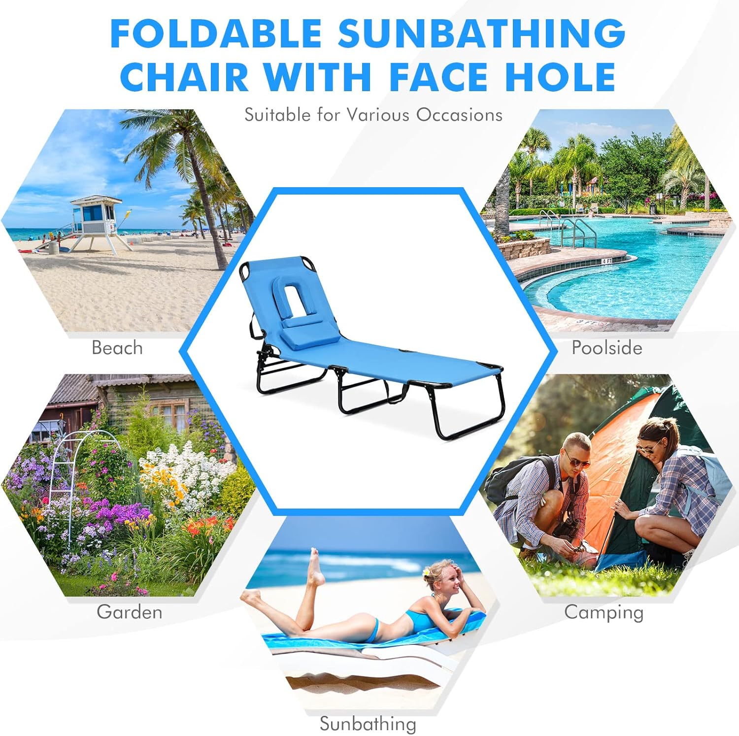 Giantex Chaise Folding Chair Adjustable Beach Patio Lounge Recliner, Blue