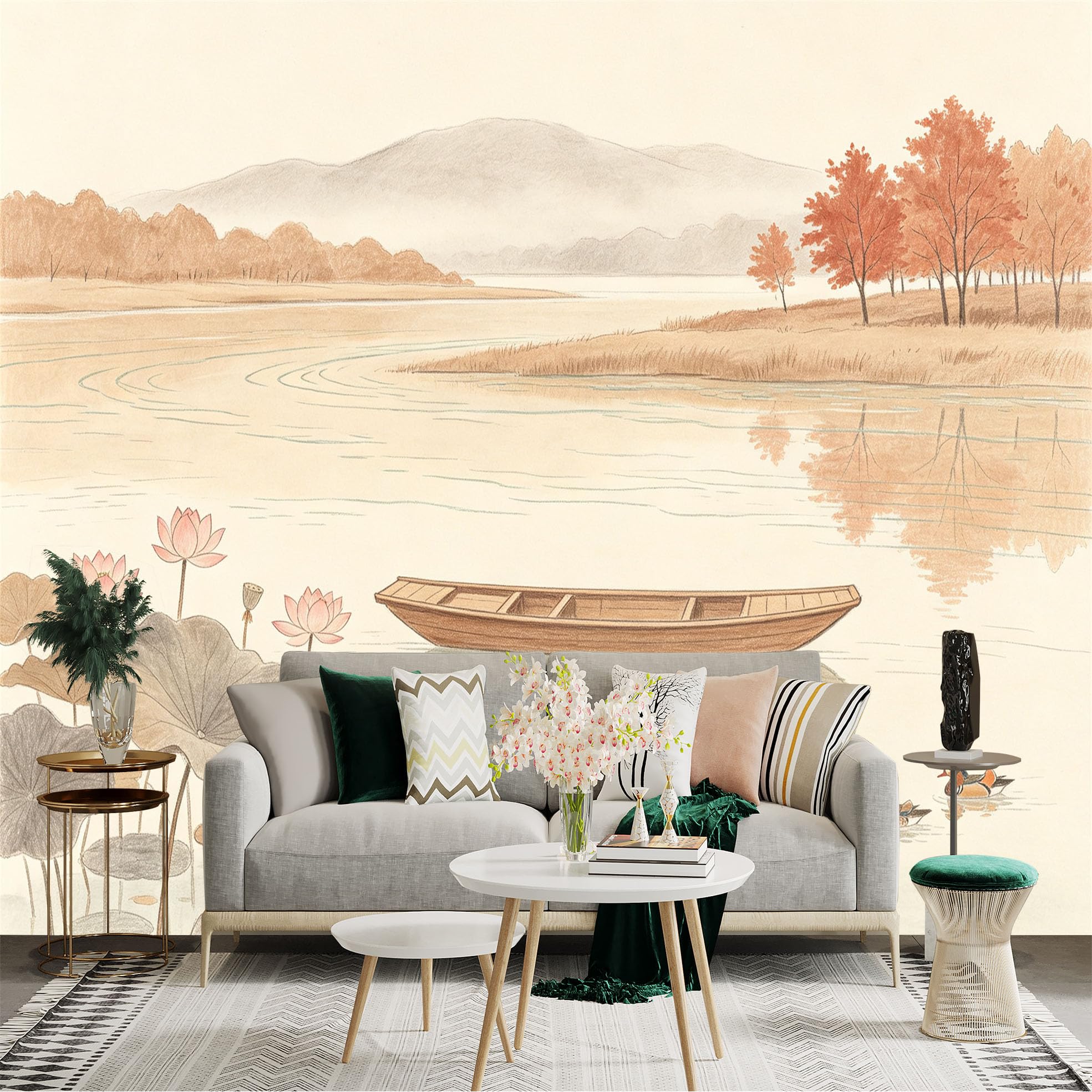 Custom Size Wall Sticker Mural， Traditional Chinese Ink Painting， Zen Landscape with Lotus Pond， Wooden Boat and Ducks， for wall Decoration， peelandstick wall Decals.