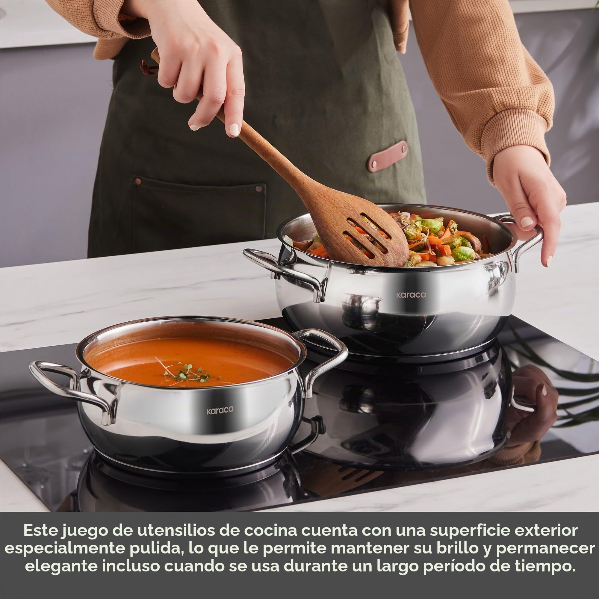 Karaca Emirgan - Batería de cocina de 8 piezas de acero inoxidable apta para inducción, con tapa de cristal y ollas de acero inoxidable