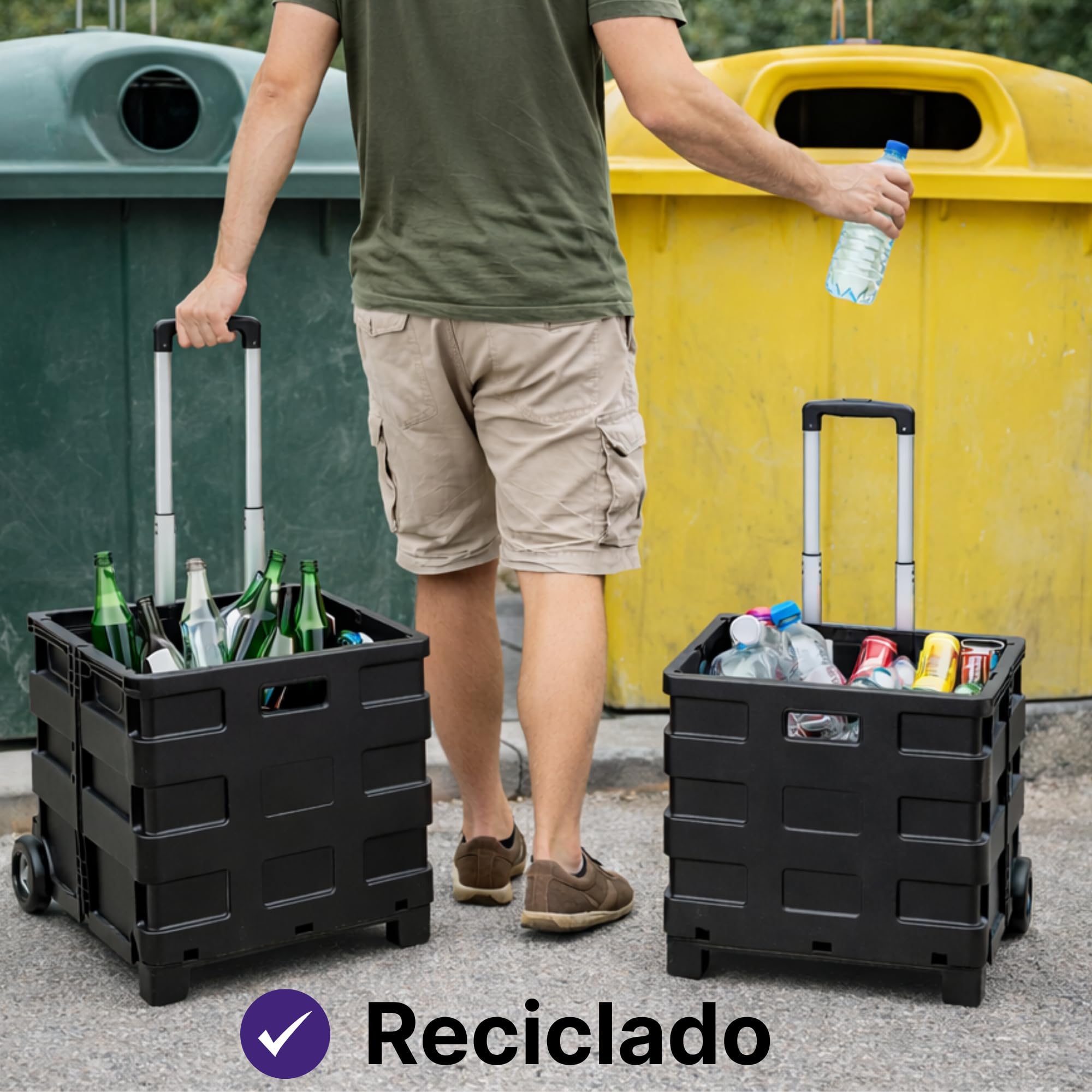 Pack de 2 Caja Plegable con Ruedas Multiusos | Carrito Compra Resistente 25kg | Cesta con Ruedas para uso Camping o Reciclaje | Ocupa poco espacio