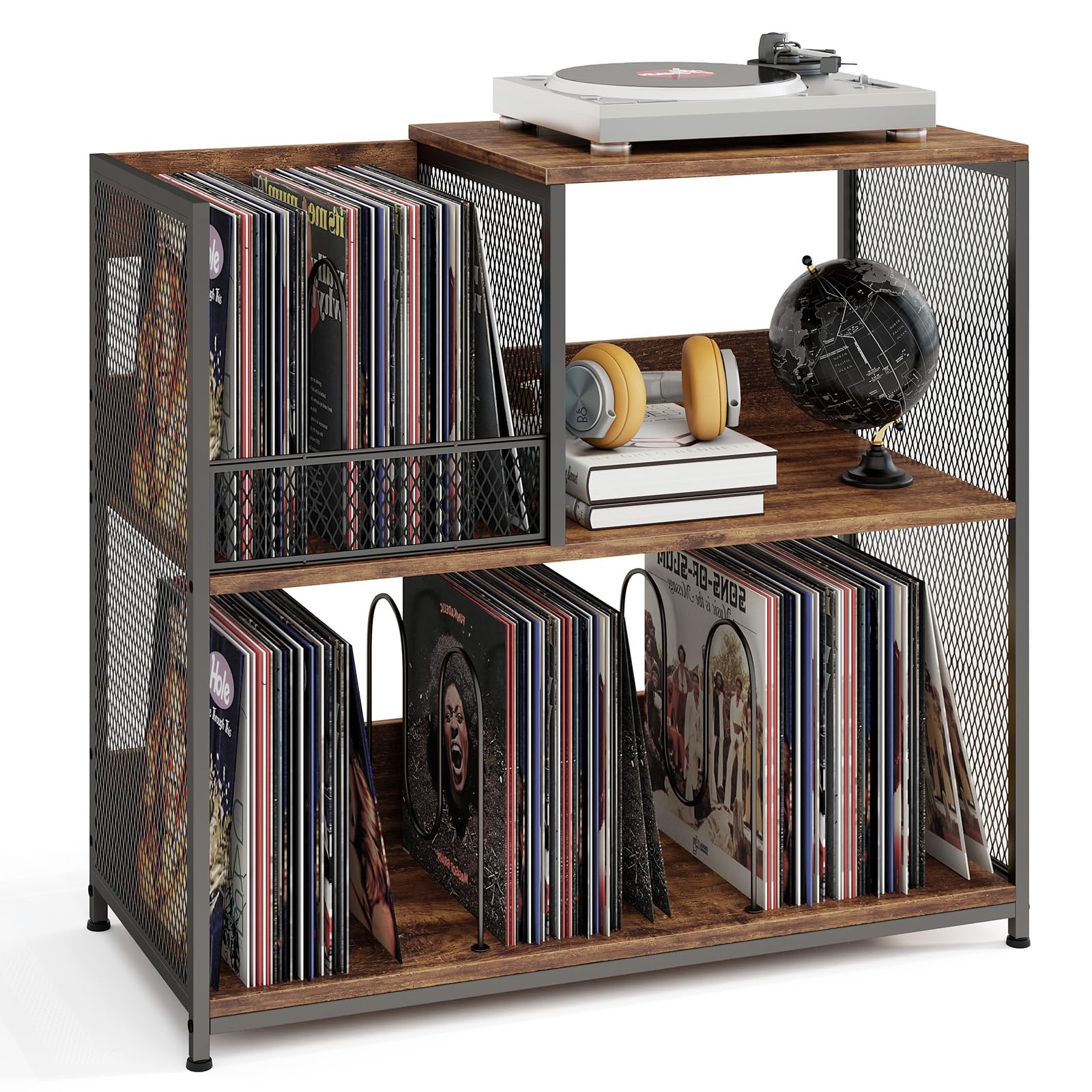 GIANTEX Support pour Tourne-Disques 3 Niveaux, Presentoir Disque Vinyle pour 300 Albums, 3 Diviseurs Amovibles, Rangement pour Albums, Cadre en Métal, Bibliothèque pour Salon, Studio, Bureau (Marron)