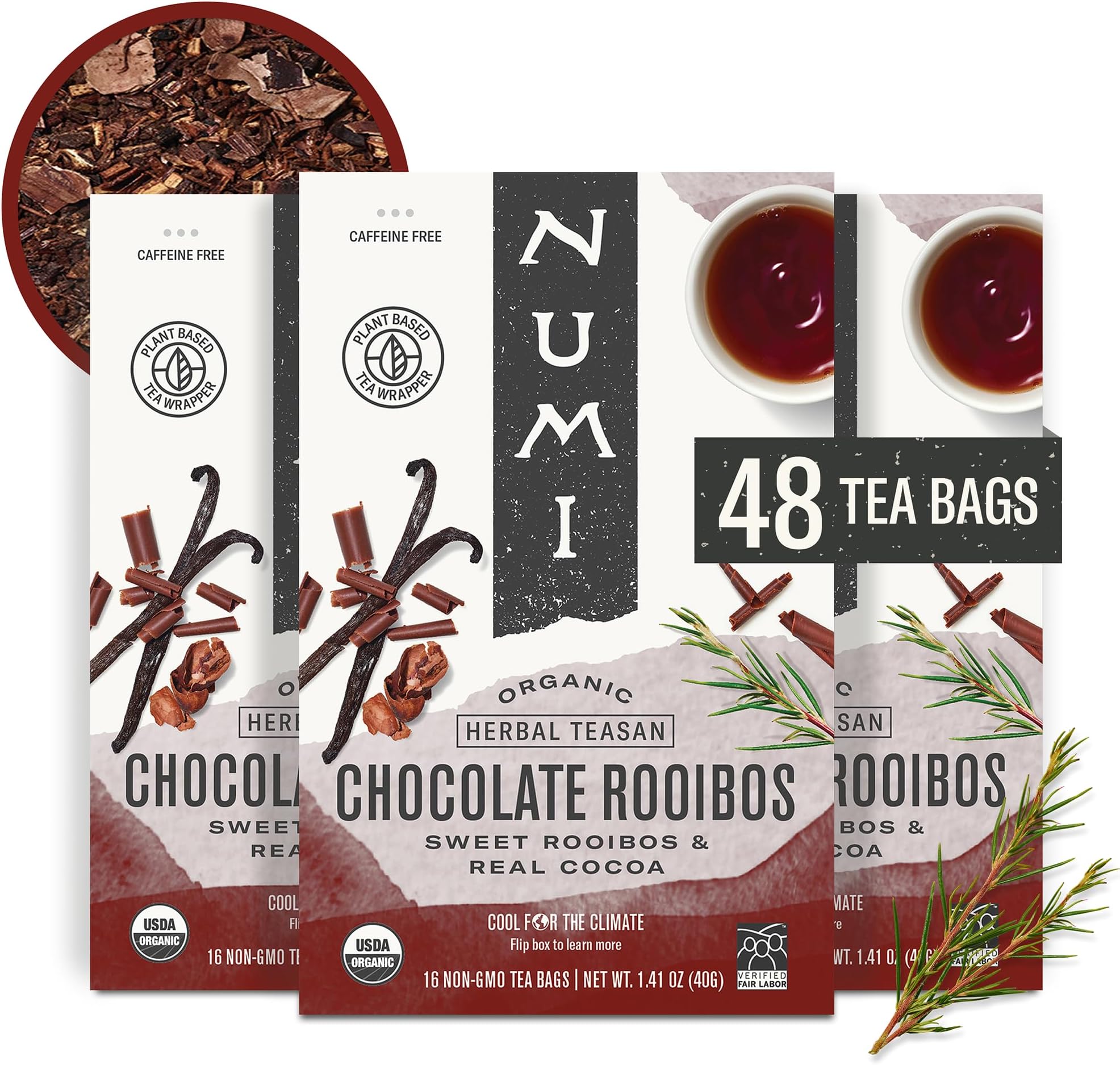 Numi - Organic Chocolate Rooibos Tea, 48 Rooibos Tea Bags, Red Tea with Cocoa, Honeybush & Vanilla