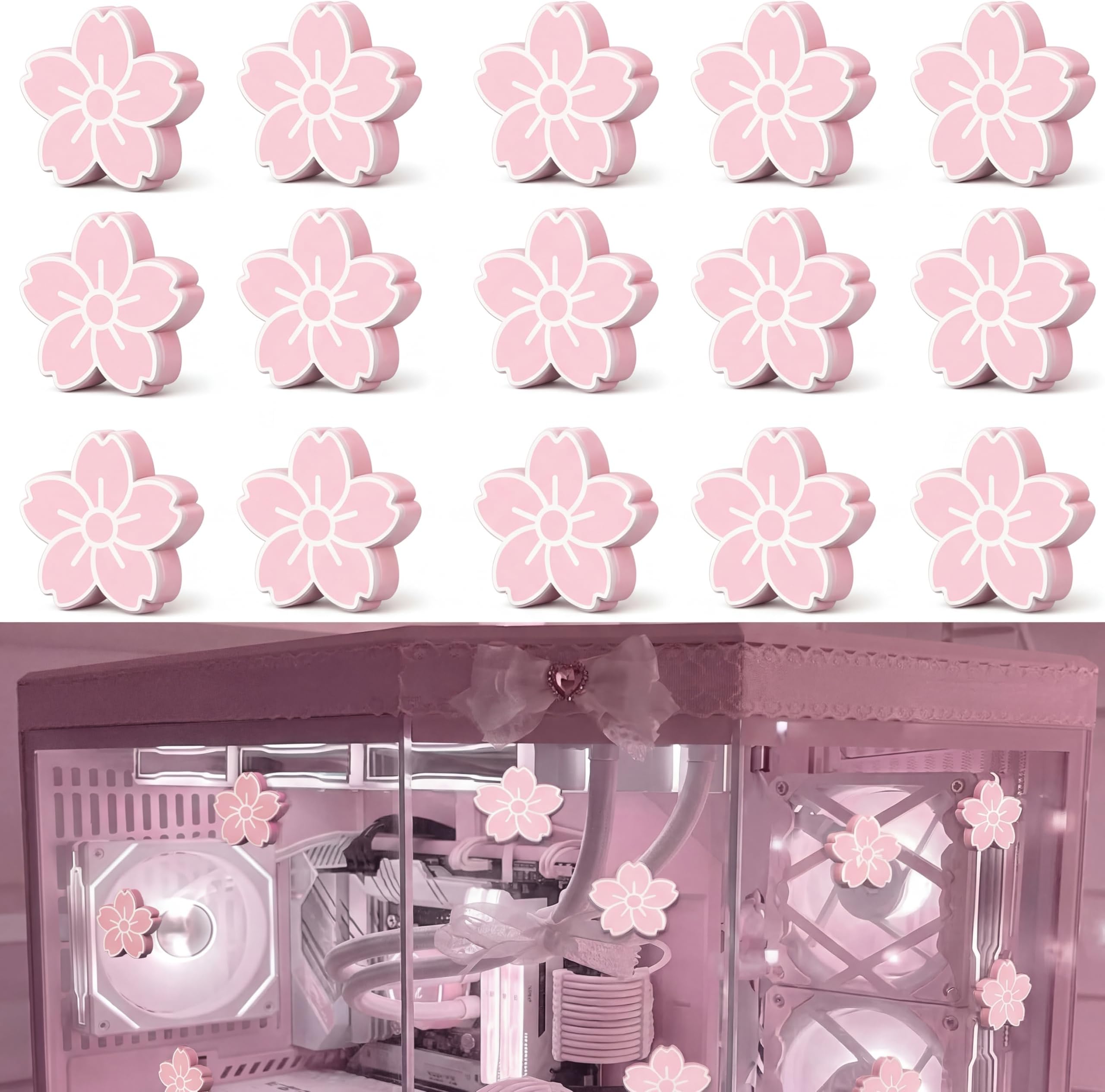 Konohan 15 Pcs Pink Cherry PC Case Decor Wood Sakura Flower Sticker Pink Computer Accessories Preppy Cute Computer Case Decor for DIY Gaming Room College Dormitory Bedroom Gaming Gift for Girls Women