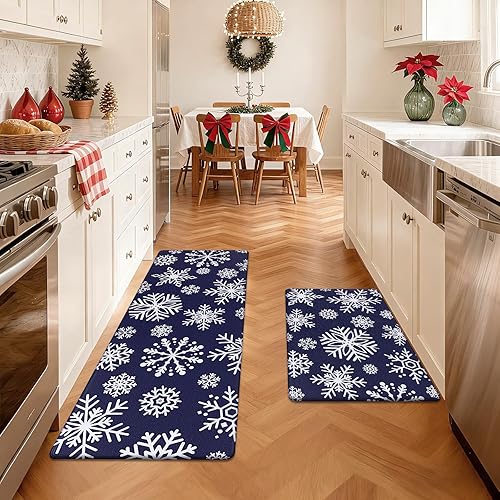 SHACOS Juego de 2 tapetes de cocina de Navidad, antifatiga, acolchados, azules, para cocina, casa de campo de nieve blanca, tapetes y alfombras para