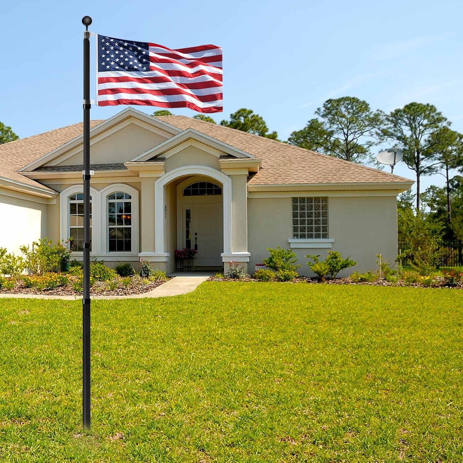 SENZHIYI 16FT Telescopic Flag Pole Kit, Heavy Duty 16 Gauge Aluminum Outdoor In Ground Telescoping Flag Poles with 3x5 USA Flag, for Residential or Commercial,Garden,Yard Flag Poles Kit,Black