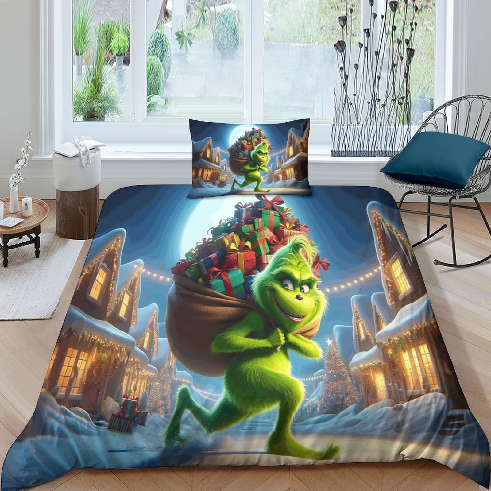 Parure De Lit Simple 100% Coton Motif Grinch - Drap Housse + Drap Plat + Taie, Lavable Machine, Cadeau Noël - 2