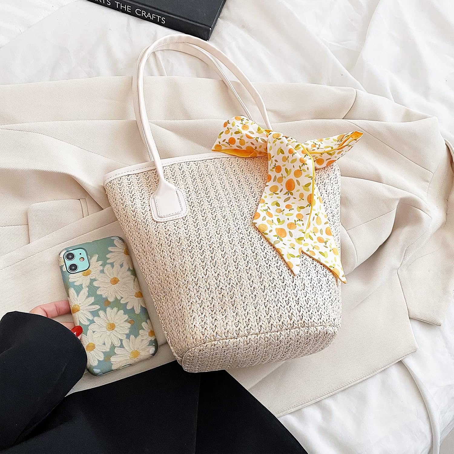 Summer Beach bag, Handwoven Straw Bag, Basket Bag Leather Panels Hand Bag, Woven Bags for Women Rattan Shoulder Bag(Beige)