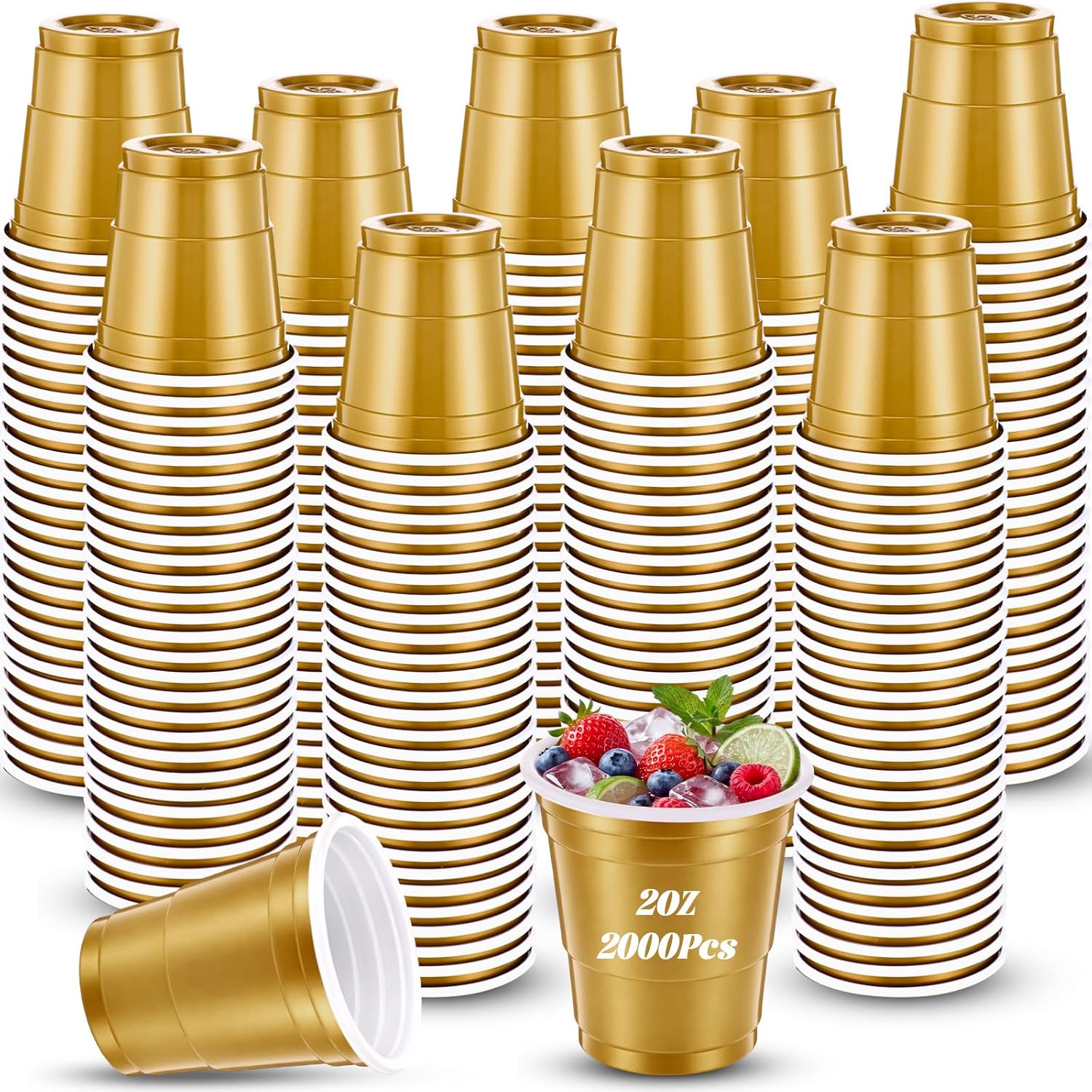 Yungyan 2000 Pack 2 oz Plastic Shot Glasses Mini Disposable Shot Cups for Parties, Carnivals & Events (Gold)