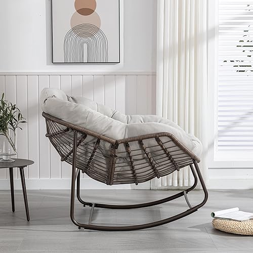 Miniatura 4 de SZLIZCCC Mecedoras para patio, mecedora de huevos de mimbre de gran tamaño, sillas Papasan tapizadas para interiores y exteriores, silla moderna