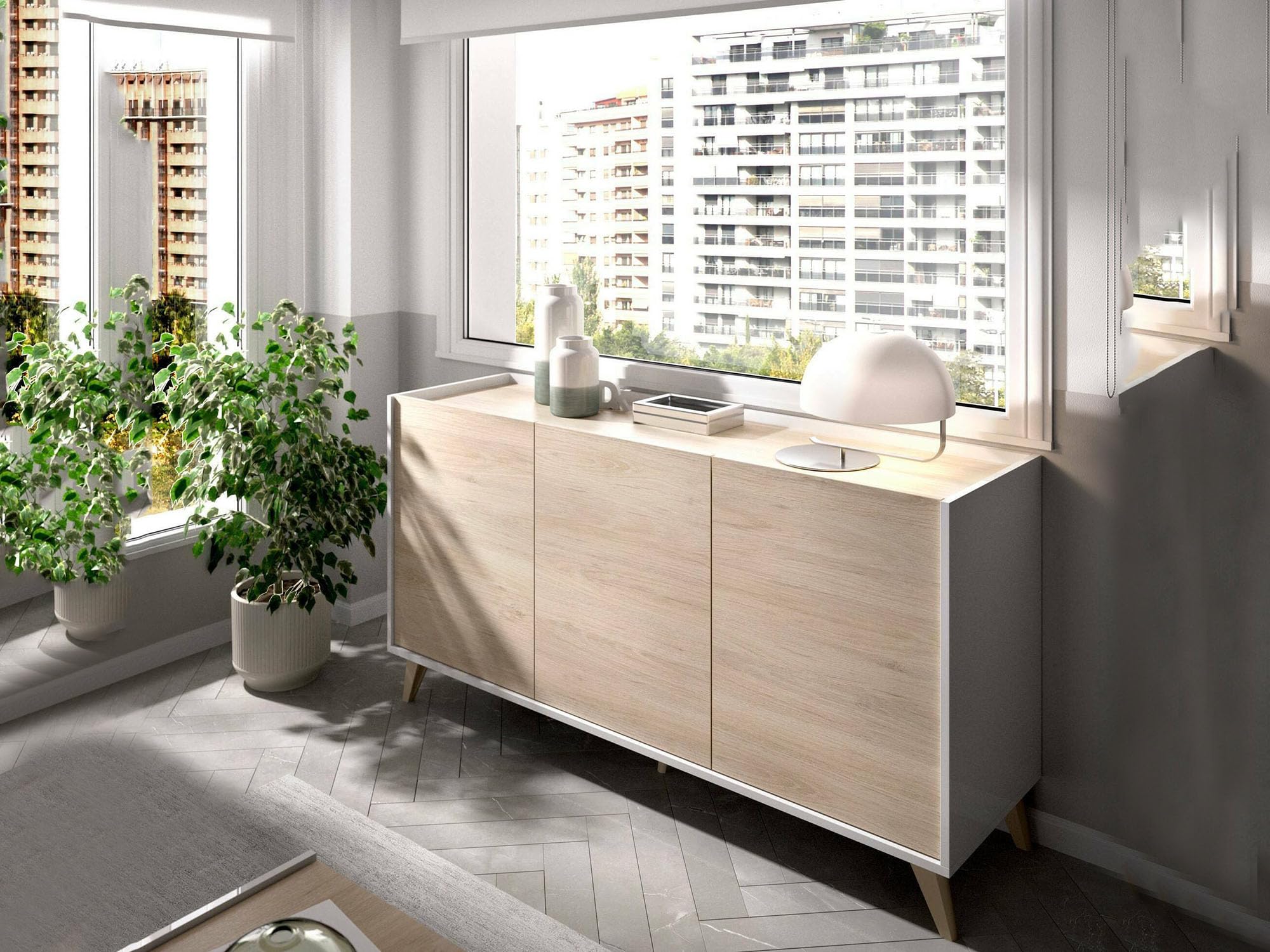 Dmora - Credenza Avez, Buffet da soggiorno, Madia moderna da salotto a 3 ante, 155x43h75 cm, Rovere e Bianco