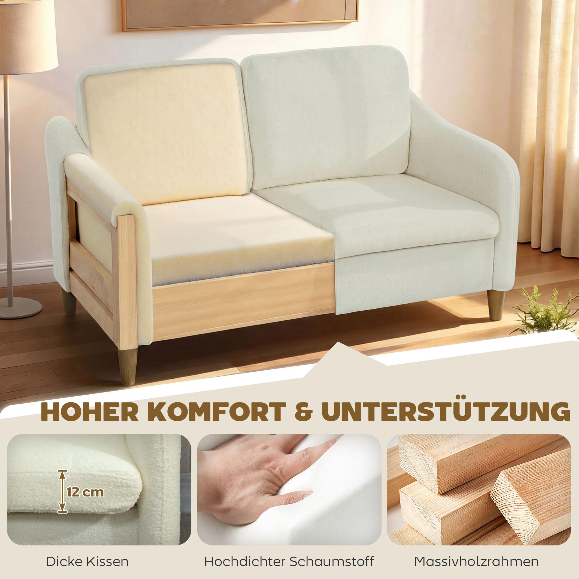 HOMCOM Sofa 2 Sitzer mit Sherpa-Fleece-Optik 137 cm Cremeweiß | Kleine Couch, Dick Gepolstert, Modernes Polstersofa, Doppelsofa, Wohnzimmer, Schlafzimmer