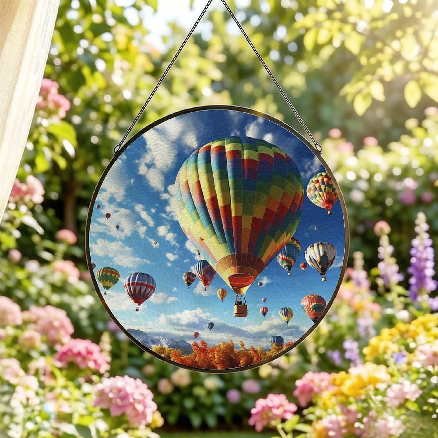 Stained Glass Window Hanging 30x30cm Window Suncatcher Glass Panel with Metal Chain Colorful Hot Air BalloonSun Catchers Wall Art Home Decor Gift for Women Mother's Day