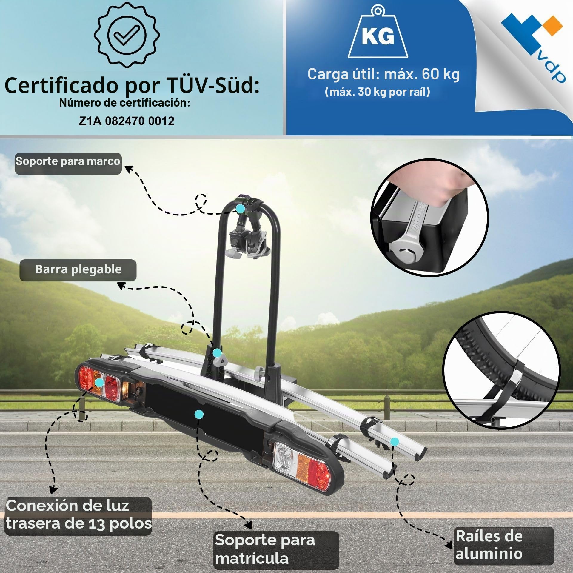 VDP Portabicicletas E-Bike para 2 Bicicletas - Carga de 60 kg - Testado por TÜV