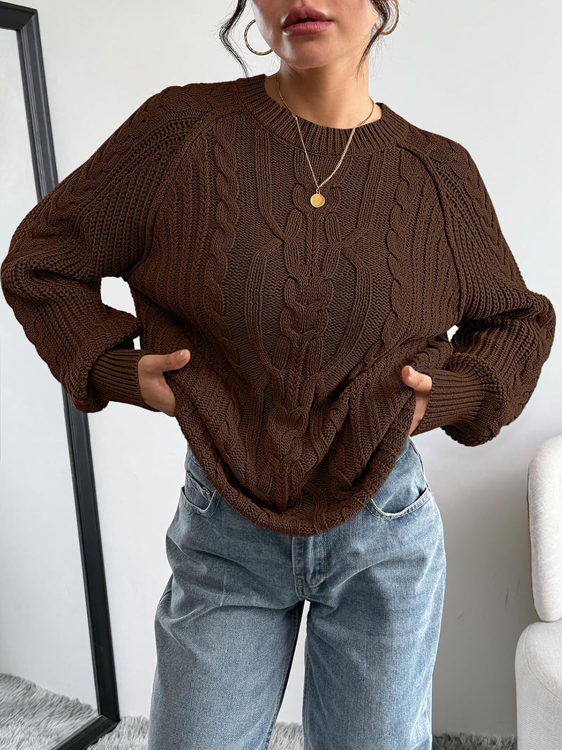 Trendy Queen Women's Oversized Cable Knit Crewneck Fall Pullover Sweaters - Image 5