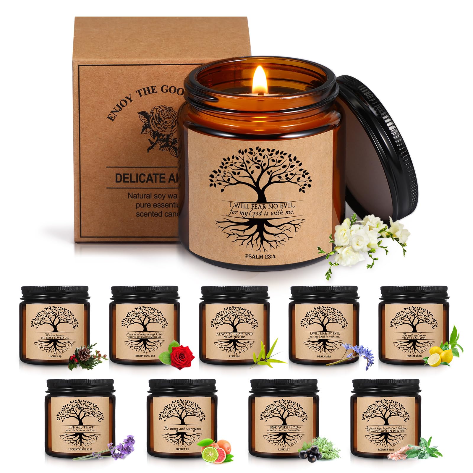 Juego de 10 tarros de velas aromáticas religiosas cristianas, regalo a granel para mujeres, 3.5 onzas, versículos católicos de la Biblia, regalo para la iglesia, regalo para el día de la madre,