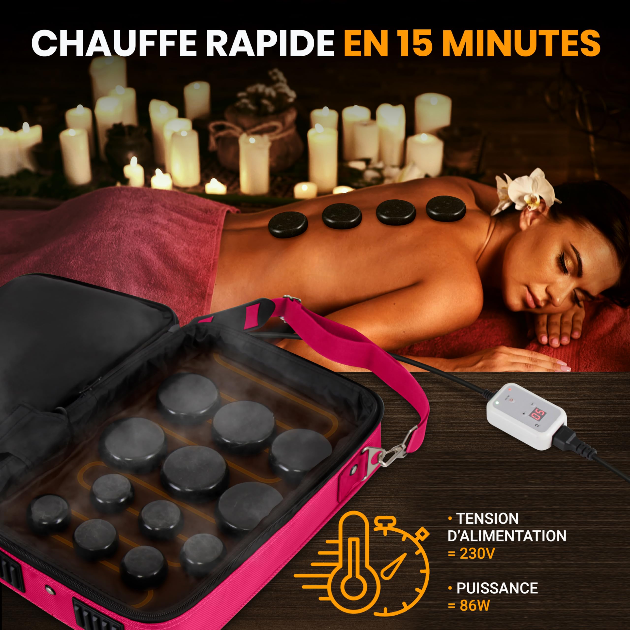 SereneLife Kit de Massage à Pierre Chaude – Système Portable de Thérapie avec Pierre Chauffée, avec Contrôleur Numérique de Température, 12 Pierres de Massage, Pierres Rondes Basaltiques Lisses