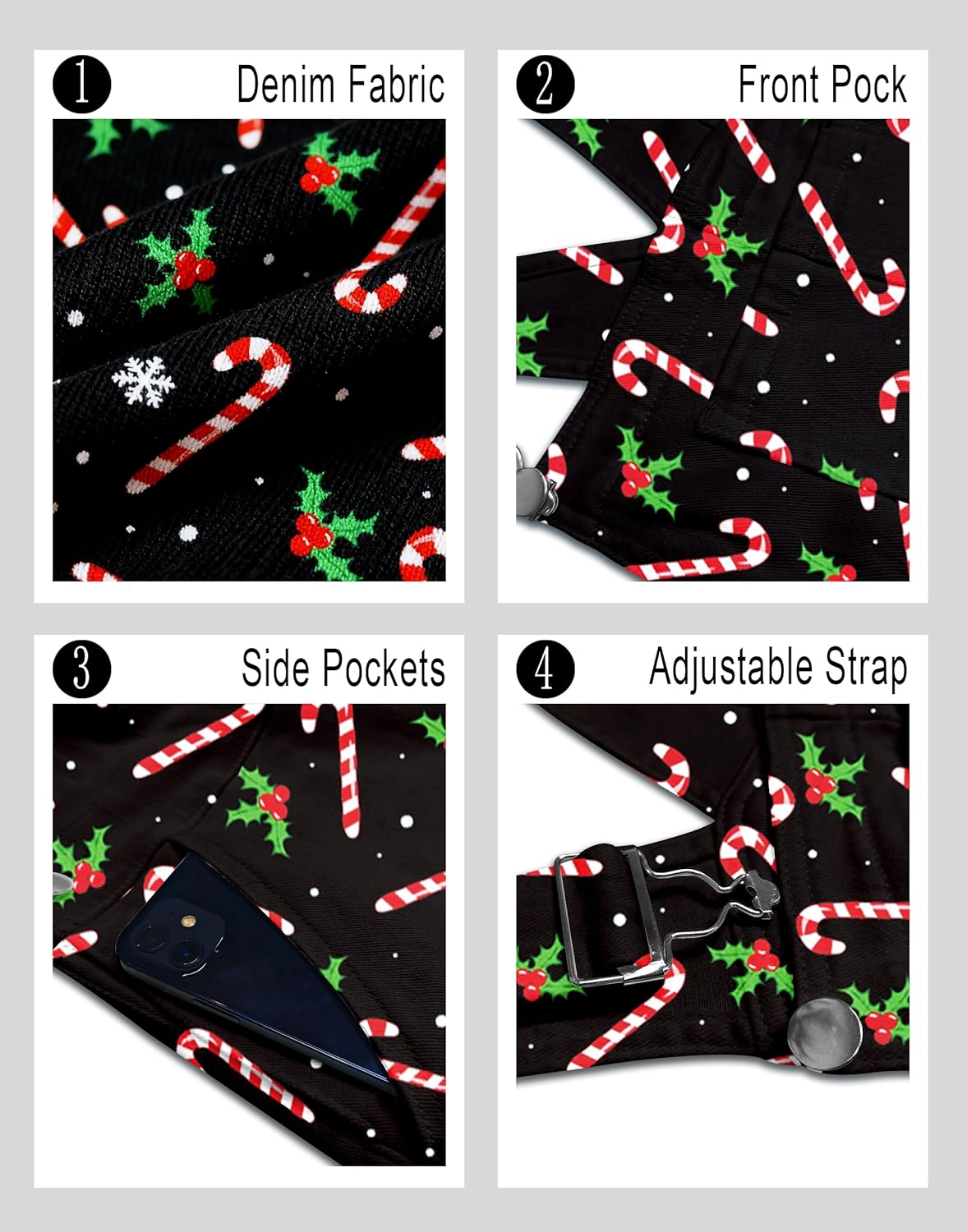 Womens Christmas Bibs Overalls Xmas Denim Coveralls Stretch Jeans Jumpsuit - Image 3