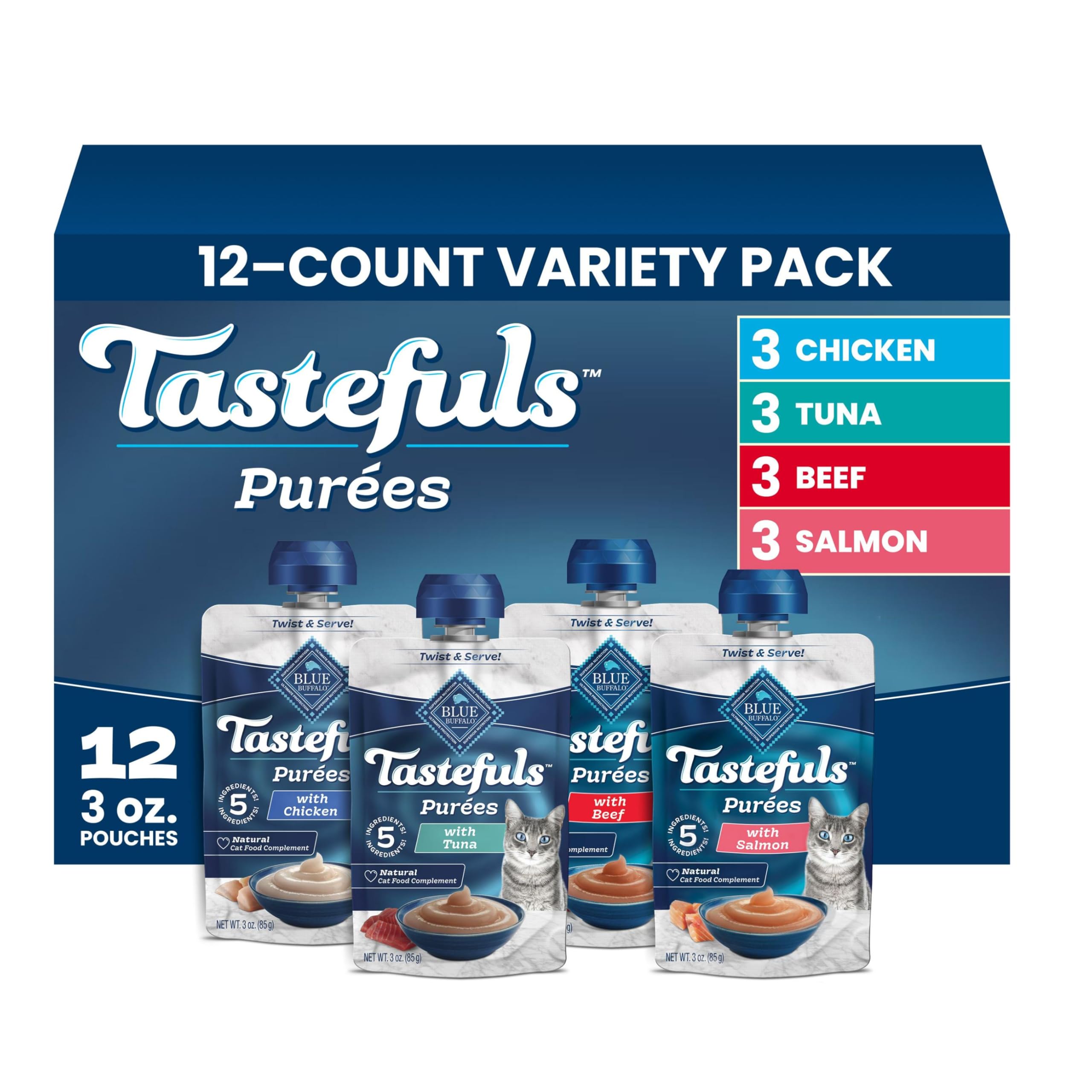 Blue Buffalo Tastefuls Purees, Chicken, Tuna & Beef, 12 ct