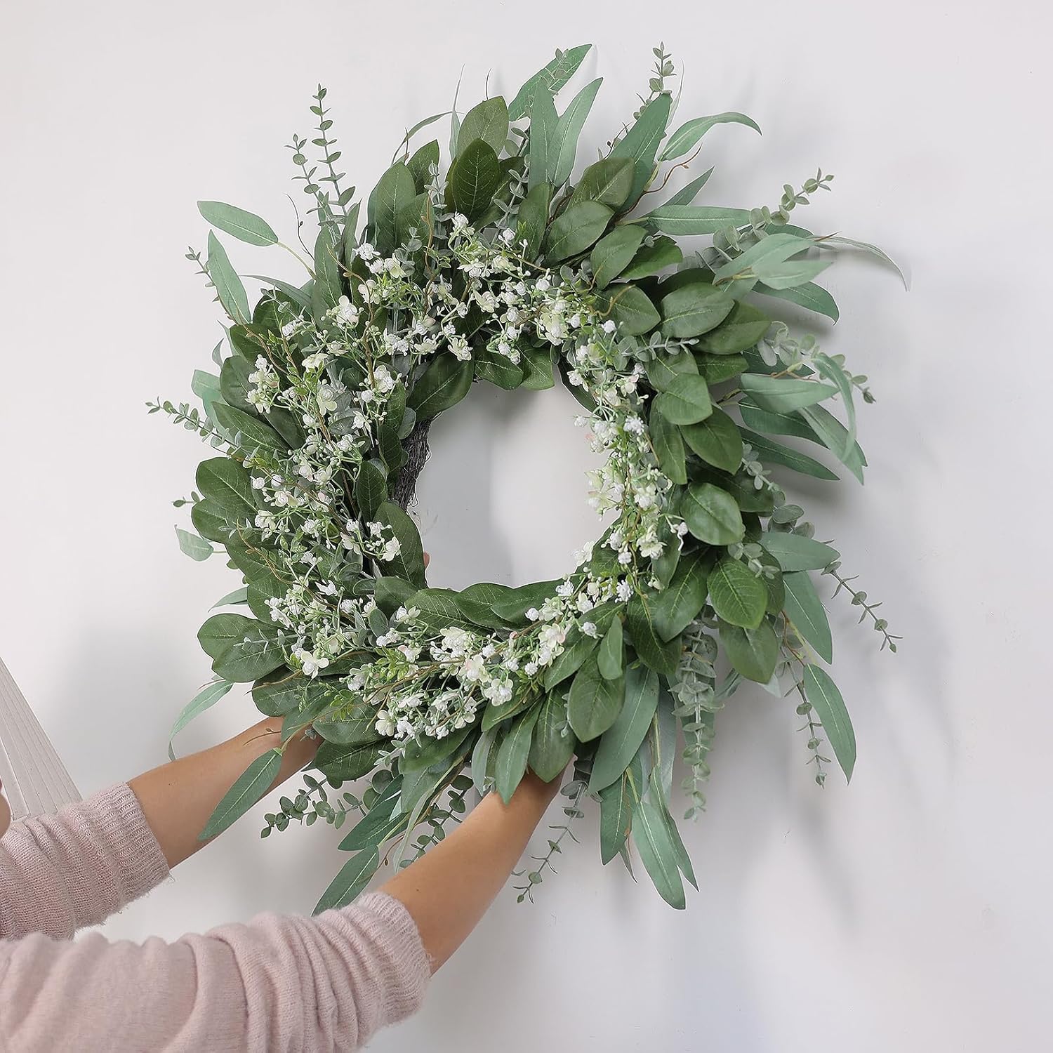 26'' Eucalyptus and Babys Breath Flowers Wreath for Front Door - Large Artificial Greenery Outdoor Wreath for Porch,Window,Farmhouse,Home,Hanging Decor- Spring, Summer, All Seasons (Green-White) - Image 4