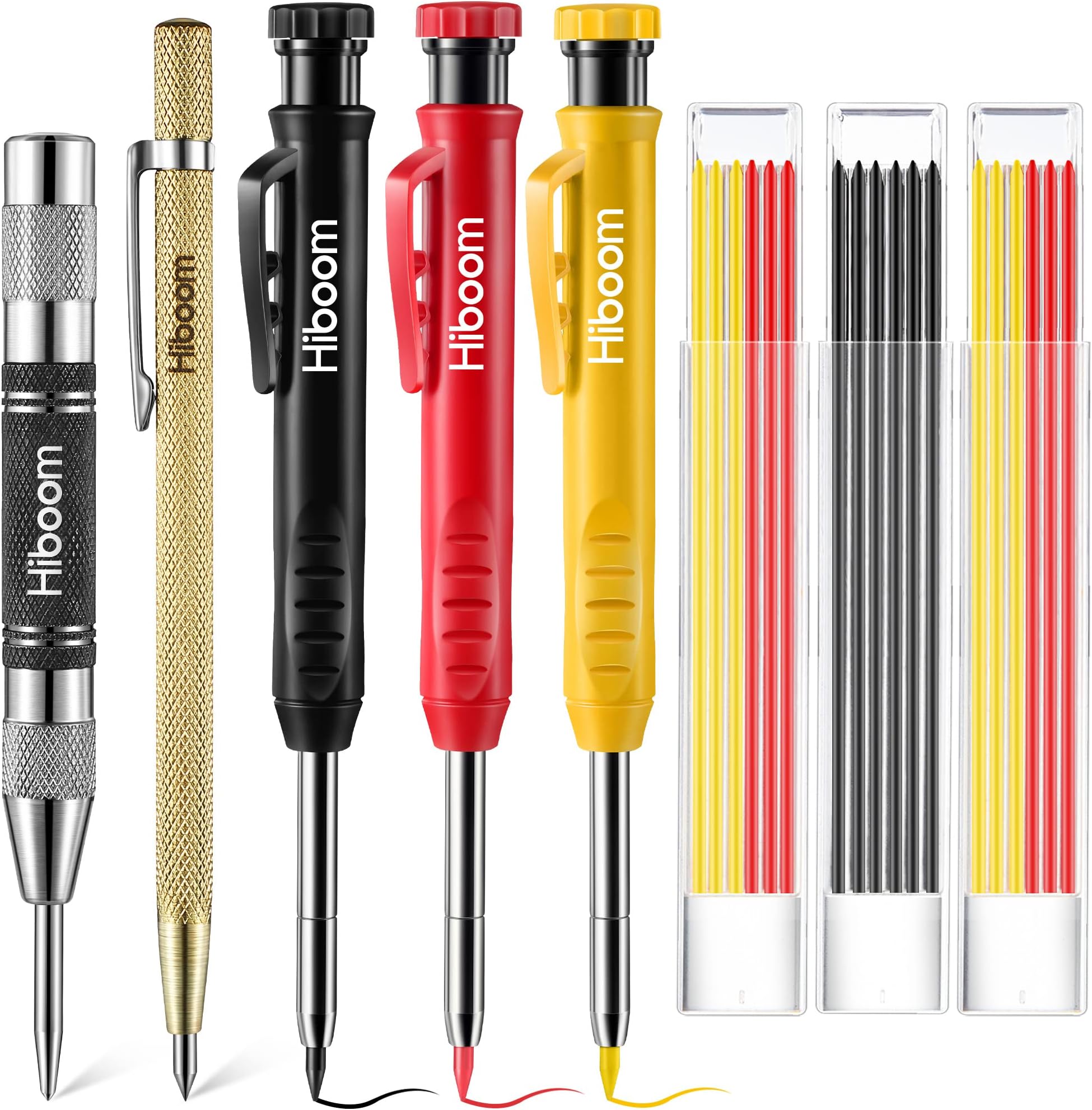 Hiboom Mechanical Carpenter Pencils with Solid Deep Hole Woodworking Pencils with Built in Sharpener & Refills, Automatic Center Punch, Carbide Scribers Tool Set for Architect Construction