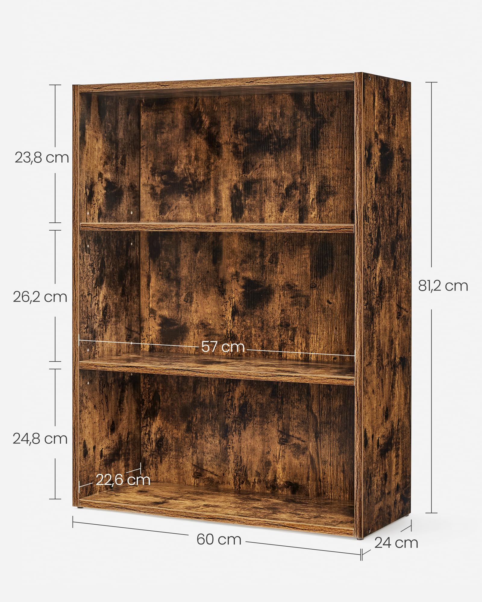 VASAGLE Scaffale a 3 Ripiani, Libreria, Scaffalatura Portaoggetti, Organizzatore con Scomparti, Ripiani Aperti e Regolabili, per Soggiorno, Ufficio, Camera da Letto, Marrone Vintage LBC163X01
