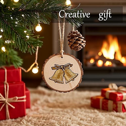 Miniatura 6 de Rebanadas de madera natural sin terminar, 80 círculos de madera de 3.2 a 4 pulgadas para manualidades, adornos de Navidad, kit de madera con broca,