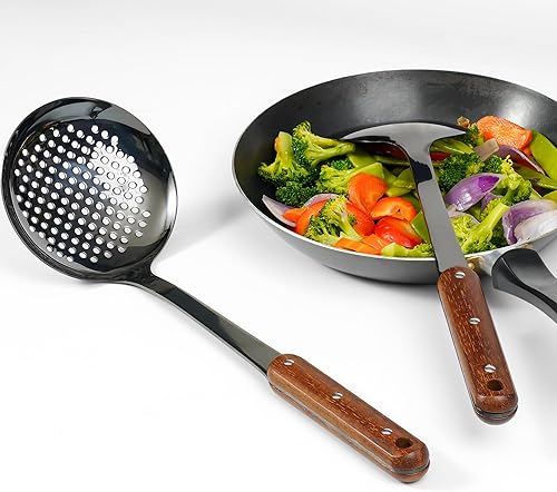 Miniatura 9 de FJNATINH Espátula Wok de acero inoxidable, cucharón, juego de herramientas de cucharón de espumadera, utensilios de cocina pulidos con mango de