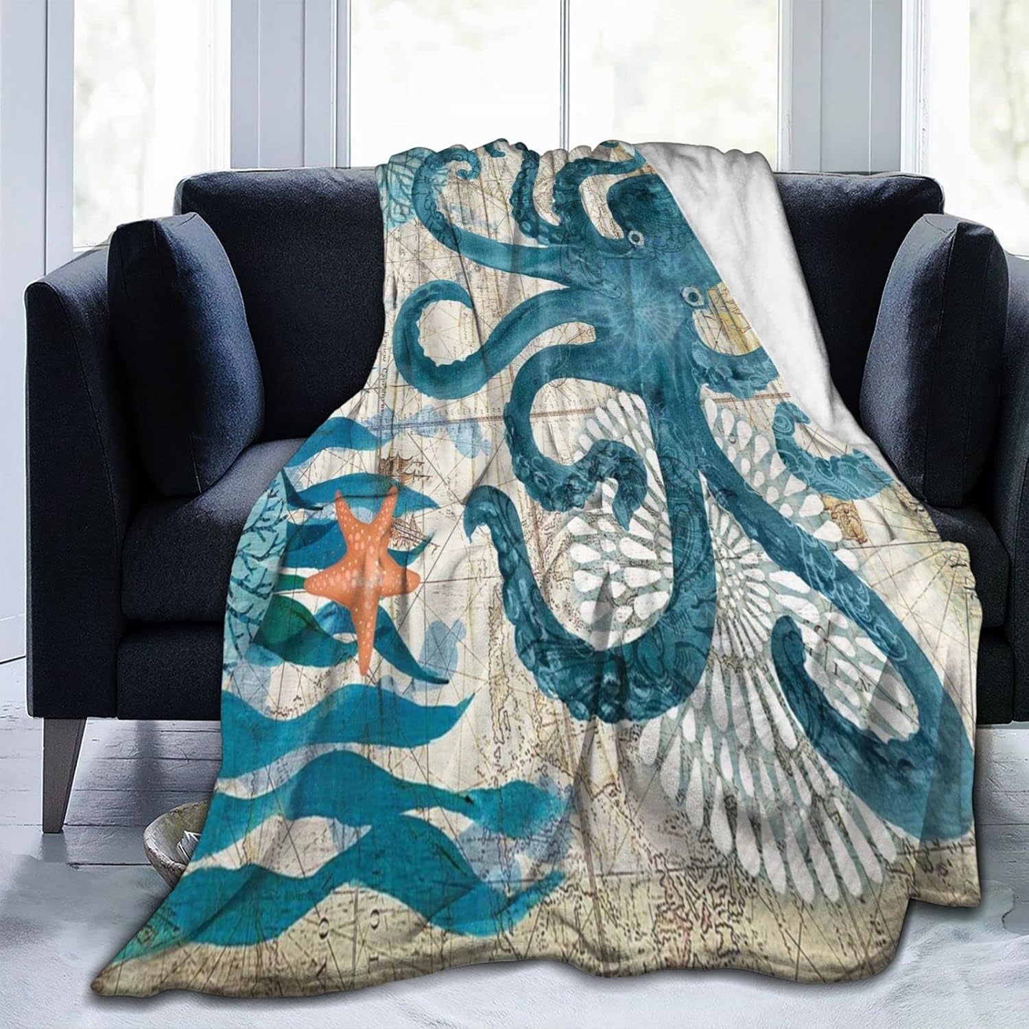 Blue Octopus Nautical Map Fleece Throw Blanket Ultra Soft Cozy Decorative Flannel Blanket All Season for Home Bed Couch Chair Travel 80x60in
