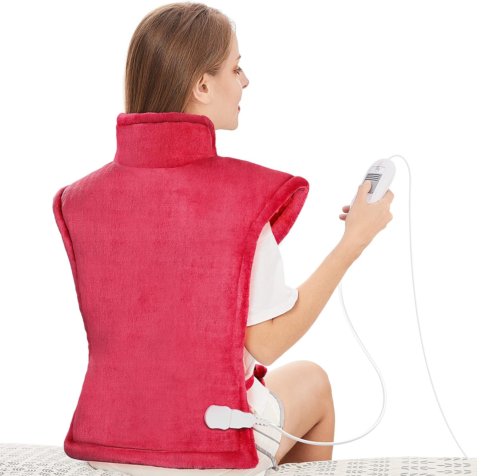 Mia&Coco Electric Heating Pad for Back Neck and Shoulders 60x85cm, Heated Warmer with Waist Strap, 3 Heat Levels, Auto-Off Timer, - Comfort Red