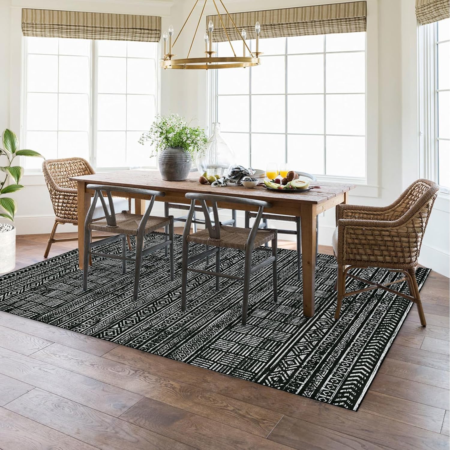 Area Rug 5'x7' Boho Textured Design Living Room Non Slip Low-Pile Soft Tribal Print Bedroom Rug Stain Resistant Playroom Carpet Office Black