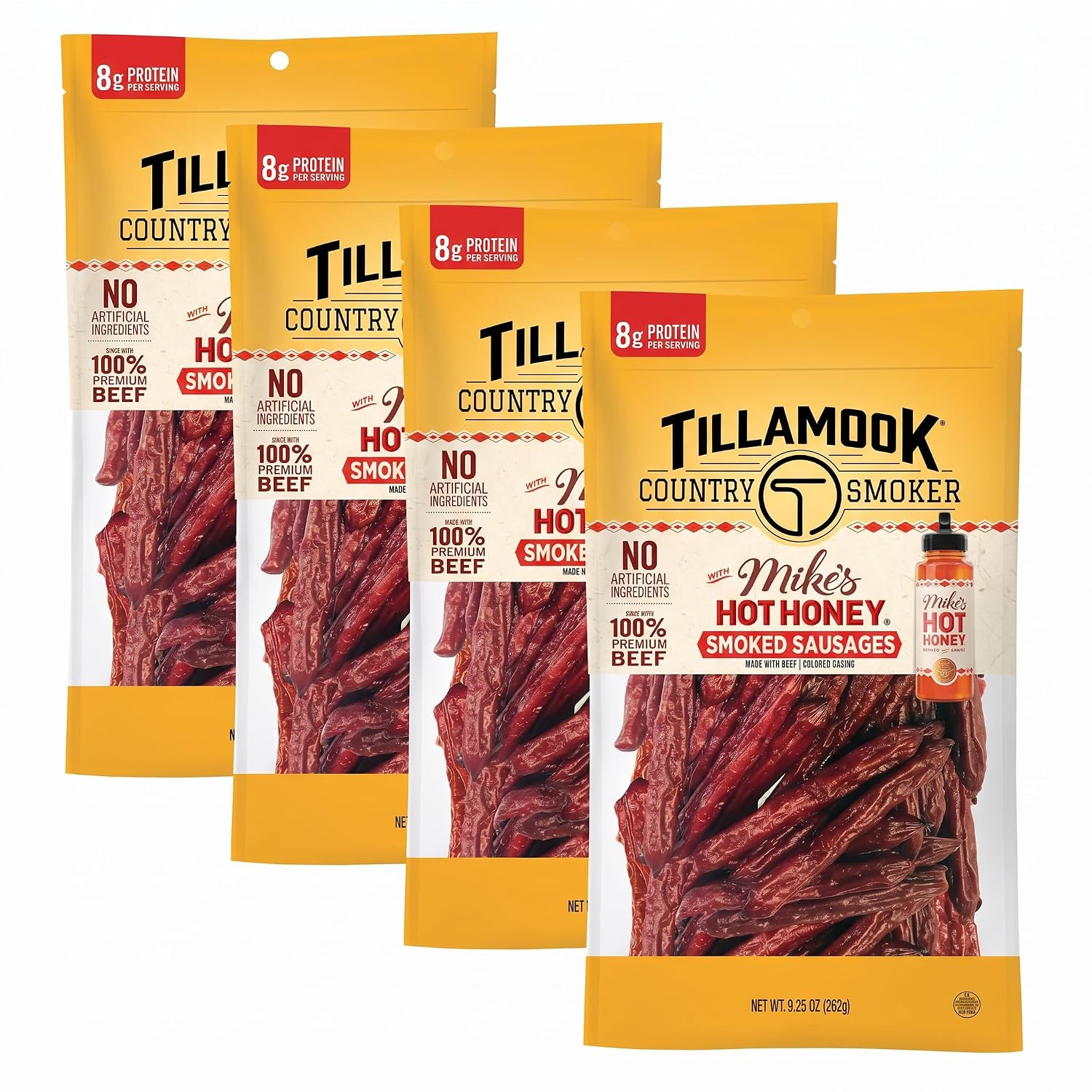 Tillamook Country Smoker Premium Beef Smoked Sausages, Mike's Hot Honey, 9.25 Ounce, Real Hardwood Smoked Sausages, Low Carb, High Protein, Ready to Eat Sweet & Spicy Snack (Pack of 4)